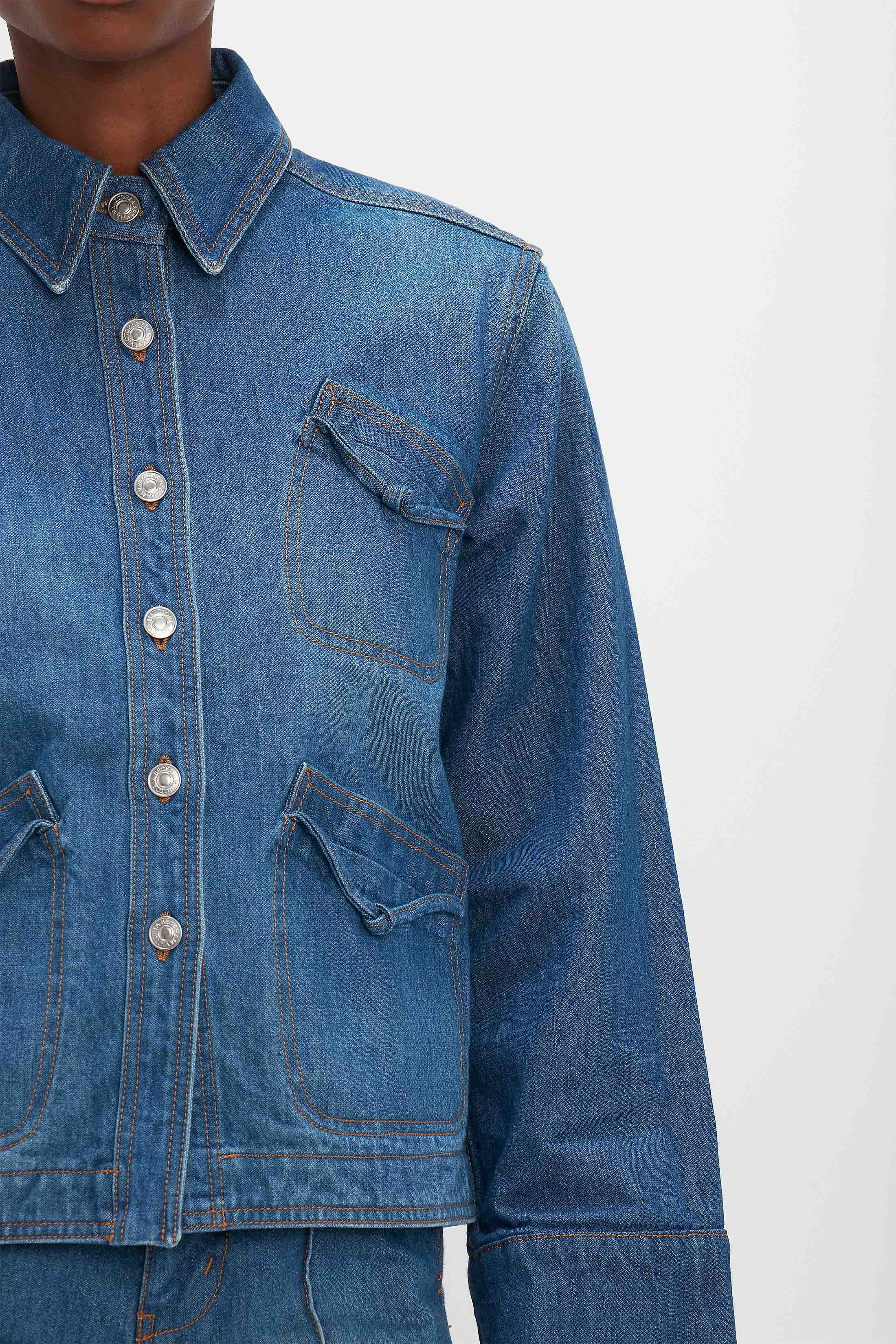Denim Shacket In Sandwashed Indigo sold by Victoria Beckham product image thumbnail 5