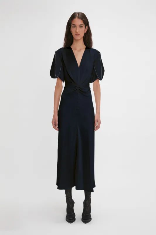 Exclusive Gathered V-Neck Midi Dress In Navy sold by Victoria Beckham