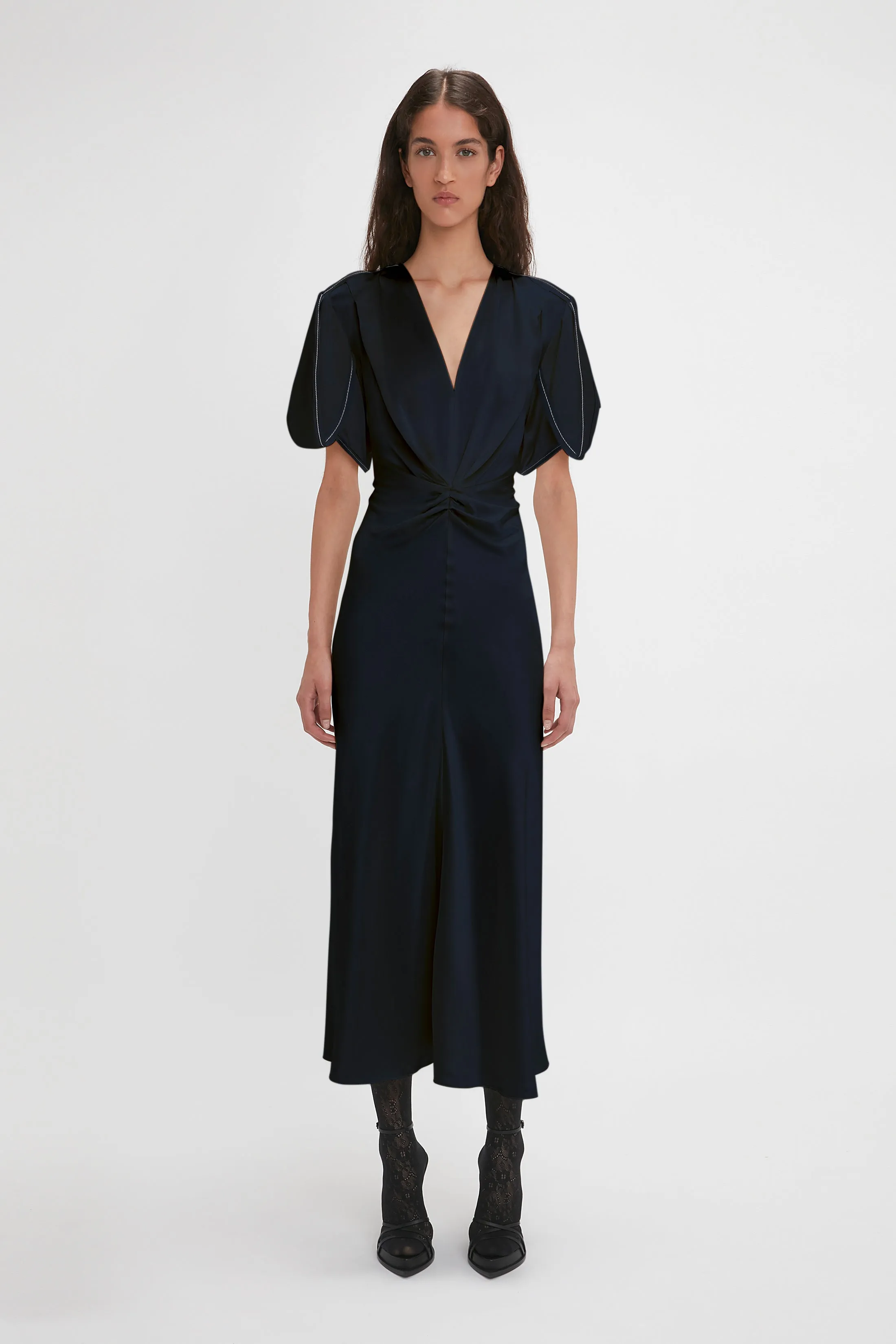 Exclusive Gathered V-Neck Midi Dress In Navy sold by Victoria Beckham