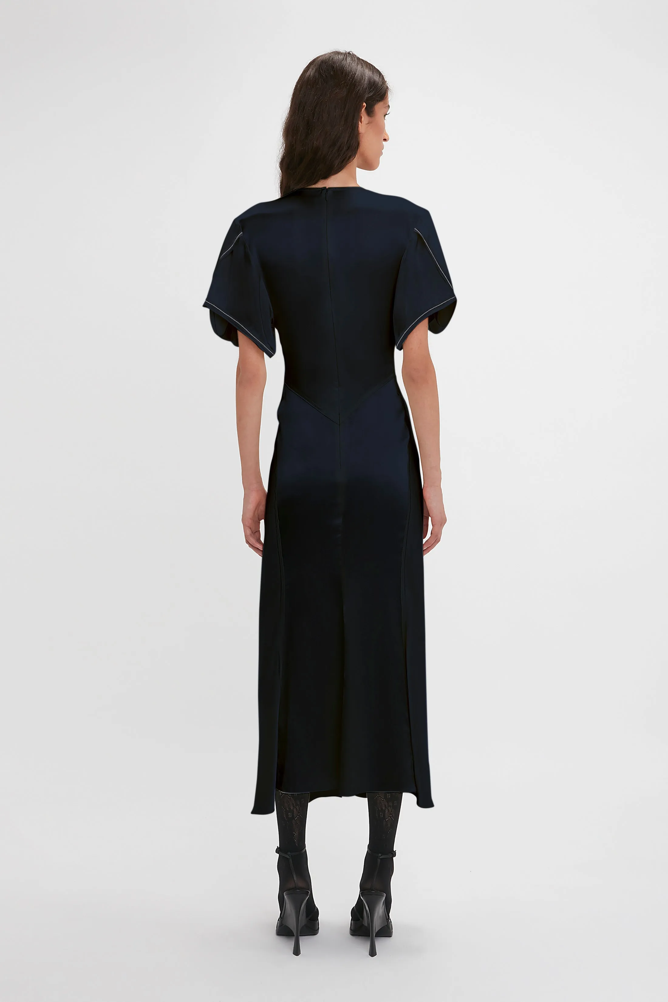 Exclusive Gathered V-Neck Midi Dress In Navy sold by Victoria Beckham product image thumbnail 3