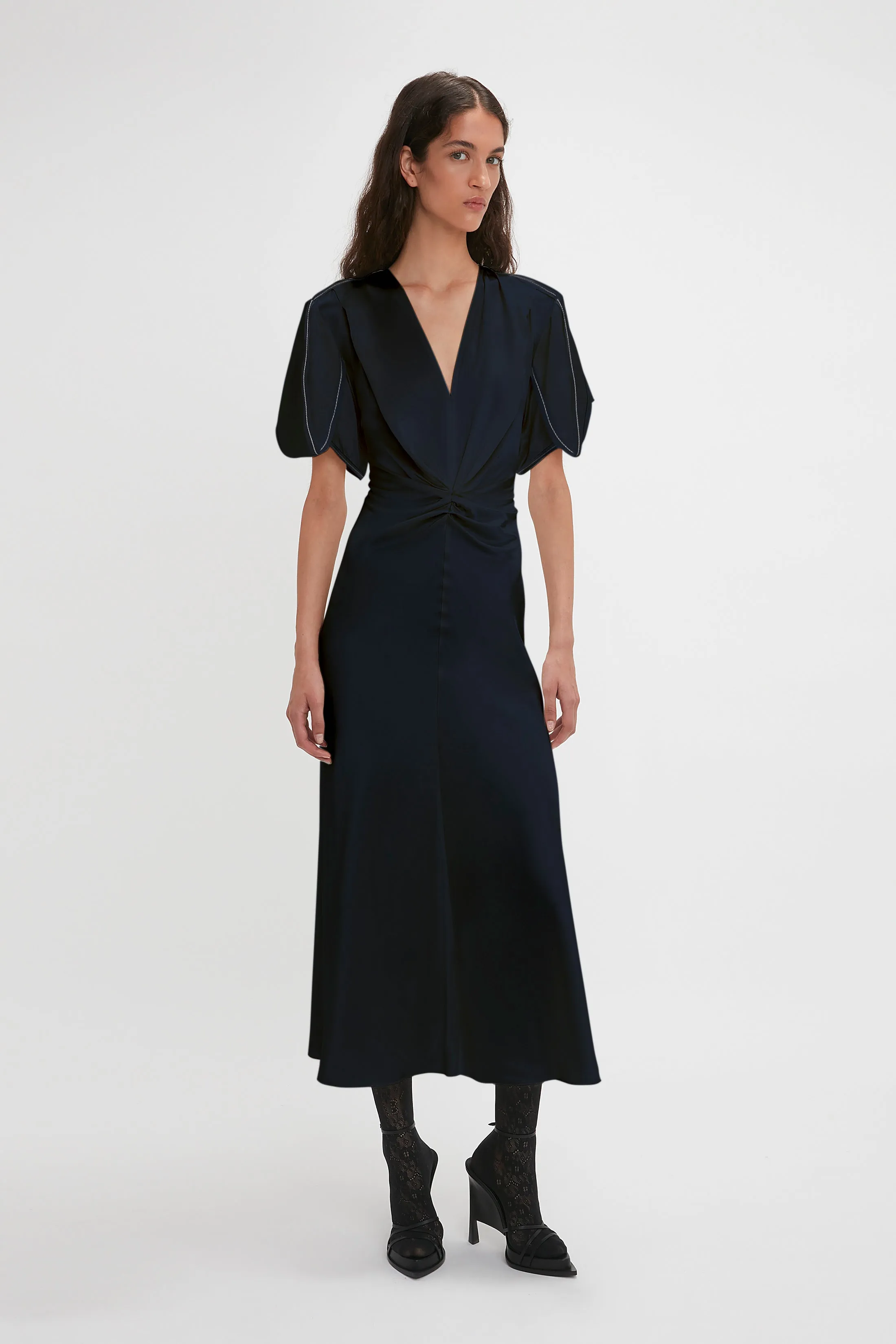Exclusive Gathered V-Neck Midi Dress In Navy sold by Victoria Beckham product image thumbnail 2