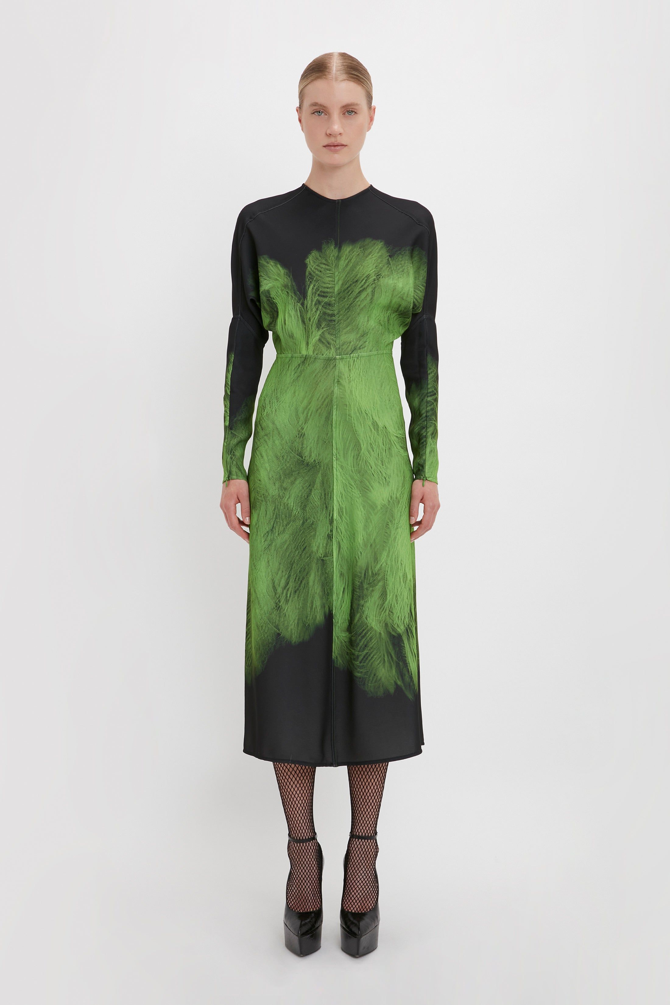 Dolman Midi Dress In Green Digital Feather Print sold by Victoria Beckham