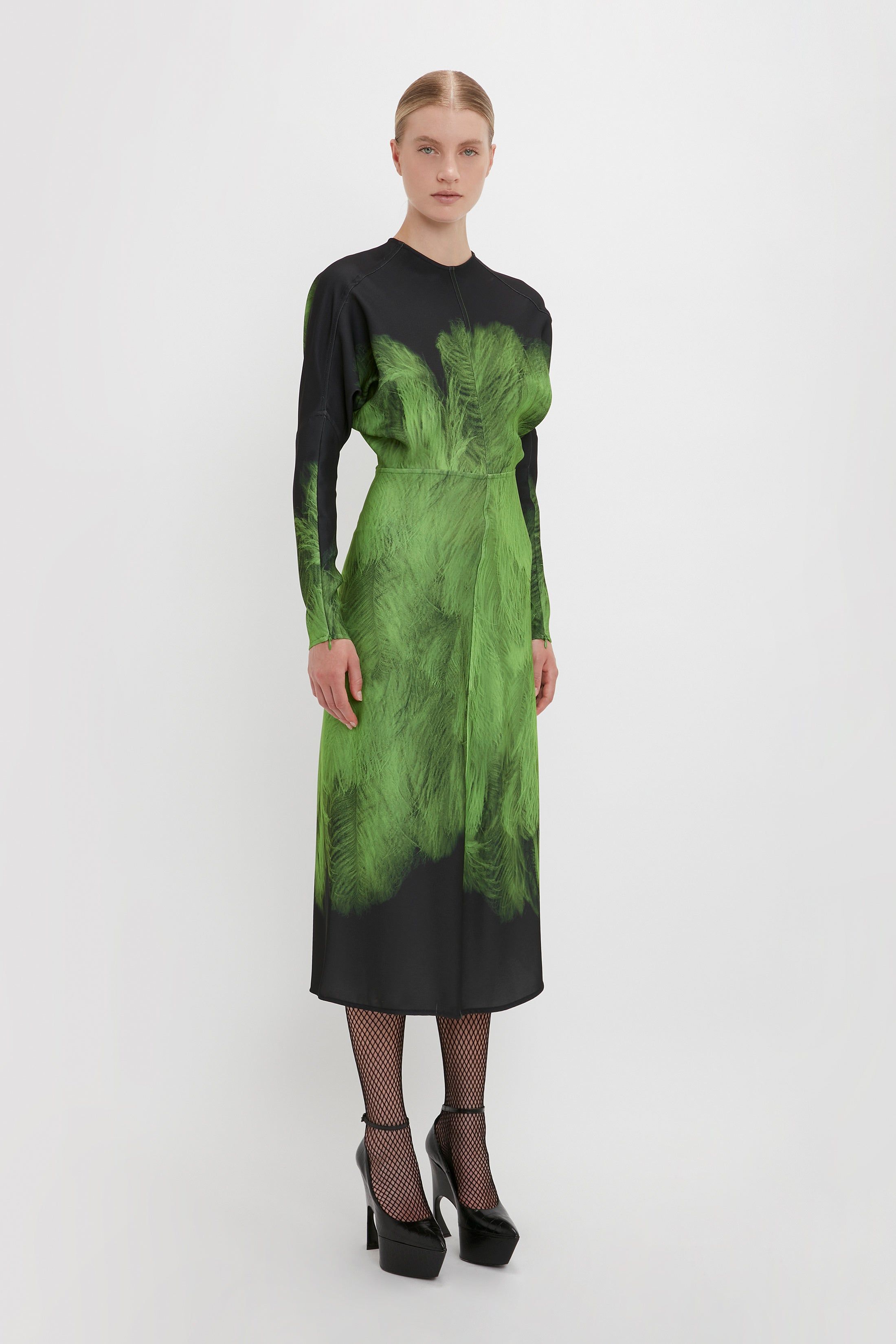 Dolman Midi Dress In Green Digital Feather Print sold by Victoria Beckham product image thumbnail 2