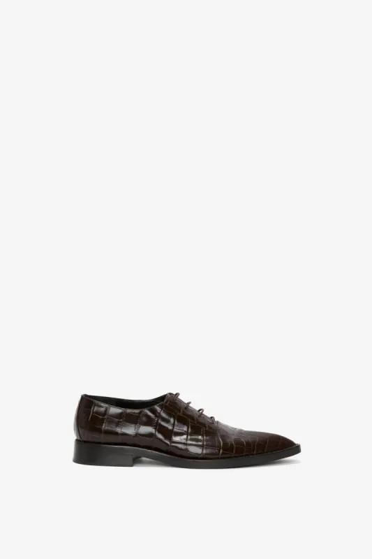 Pointy Toe Flat Lace Up In Chocolate Croc-Effect Leather sold by Victoria Beckham