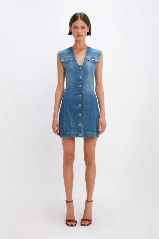 Sleeveless Denim Mini Dress In Sandwashed Indigo sold by Victoria Beckham