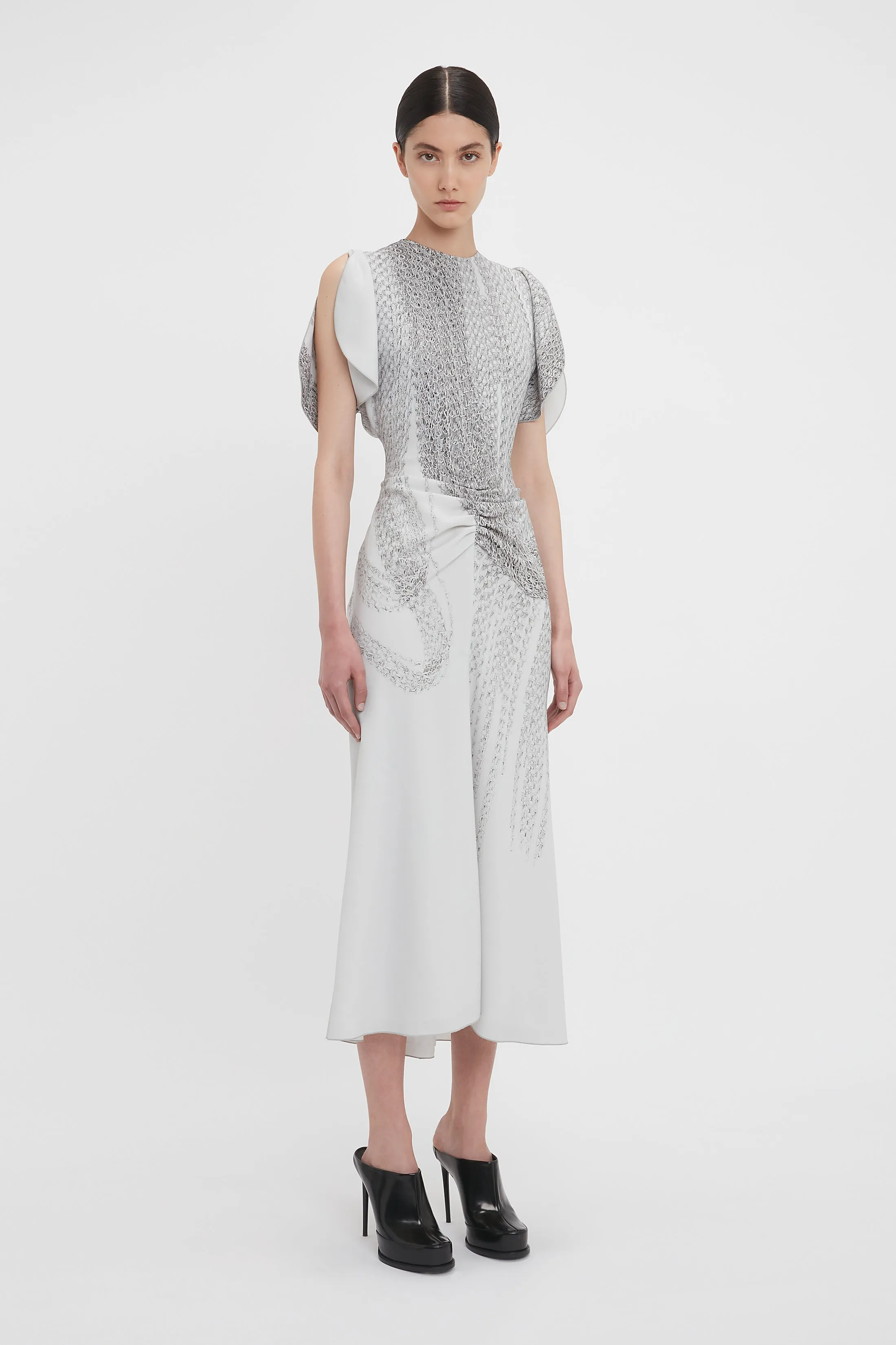 Gathered Waist Midi Dress In Grey Mist-Silver Chain Print sold by Victoria Beckham product image thumbnail 2