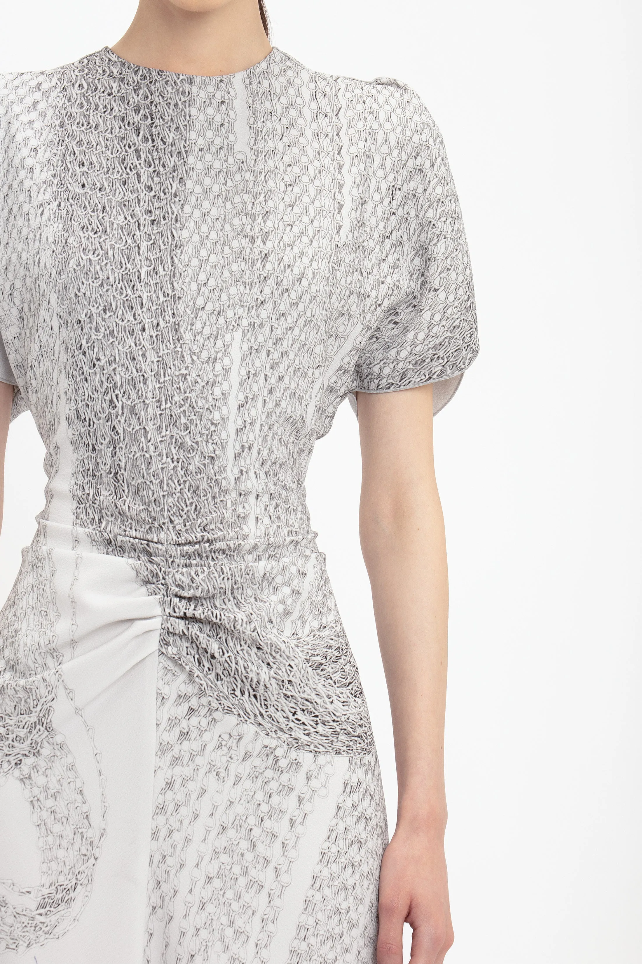 Gathered Waist Midi Dress In Grey Mist-Silver Chain Print sold by Victoria Beckham product image thumbnail 4