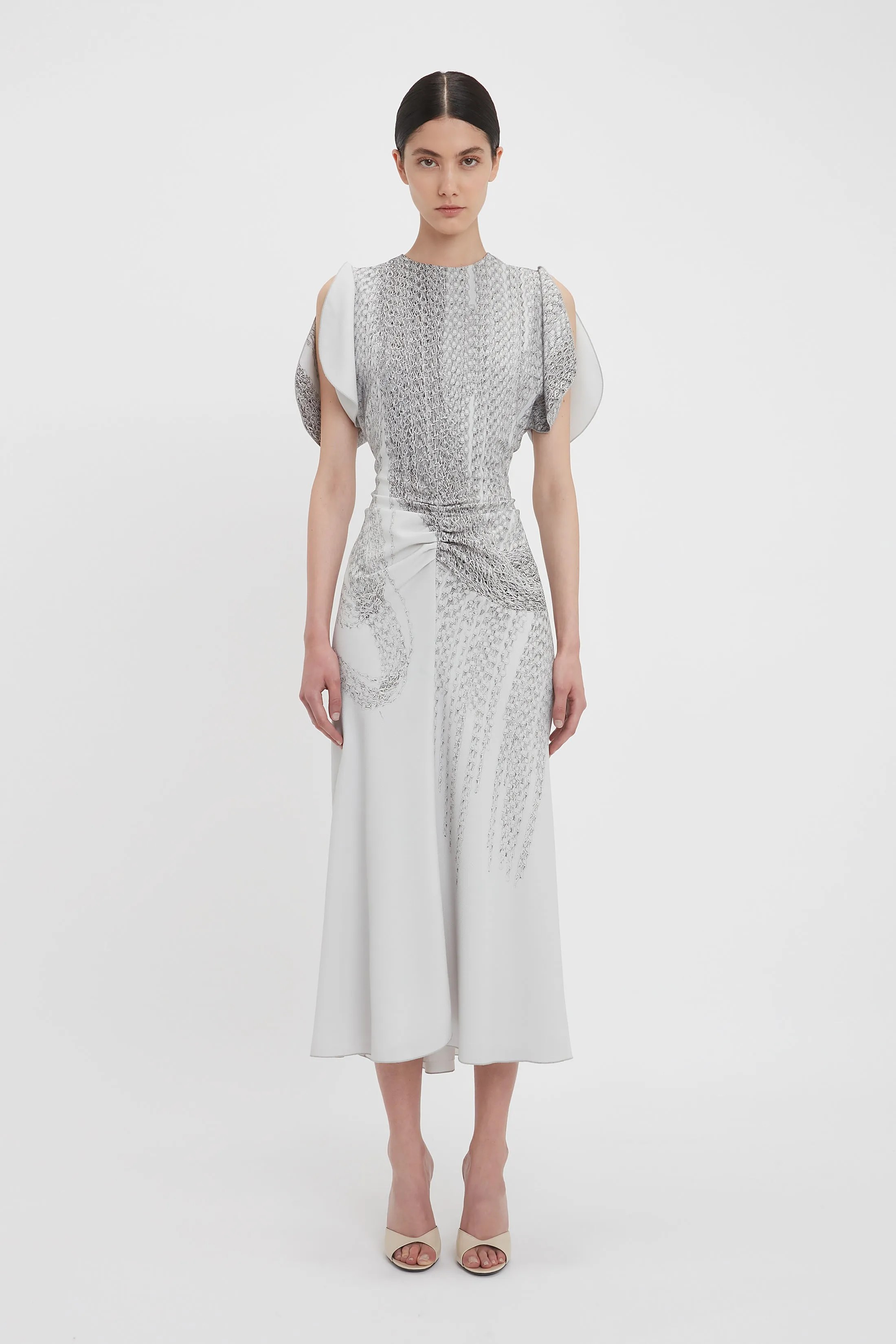 Gathered Waist Midi Dress In Grey Mist-Silver Chain Print sold by Victoria Beckham