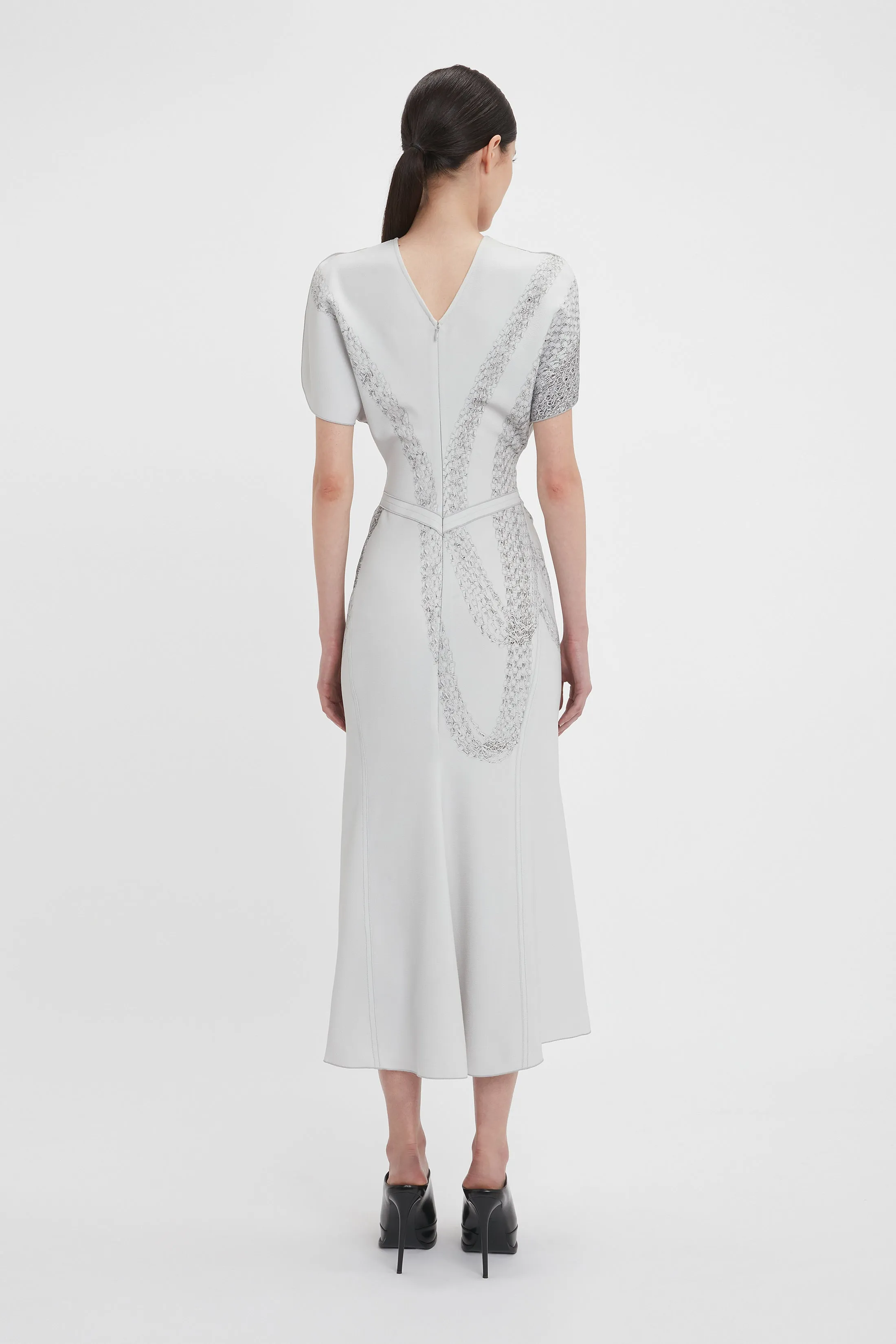 Gathered Waist Midi Dress In Grey Mist-Silver Chain Print sold by Victoria Beckham product image thumbnail 3