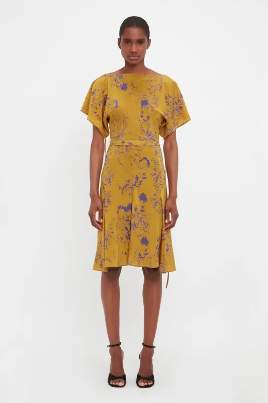 Draped Sleeve Cut Out Mini Dress In Yellow Ochre sold by Victoria Beckham