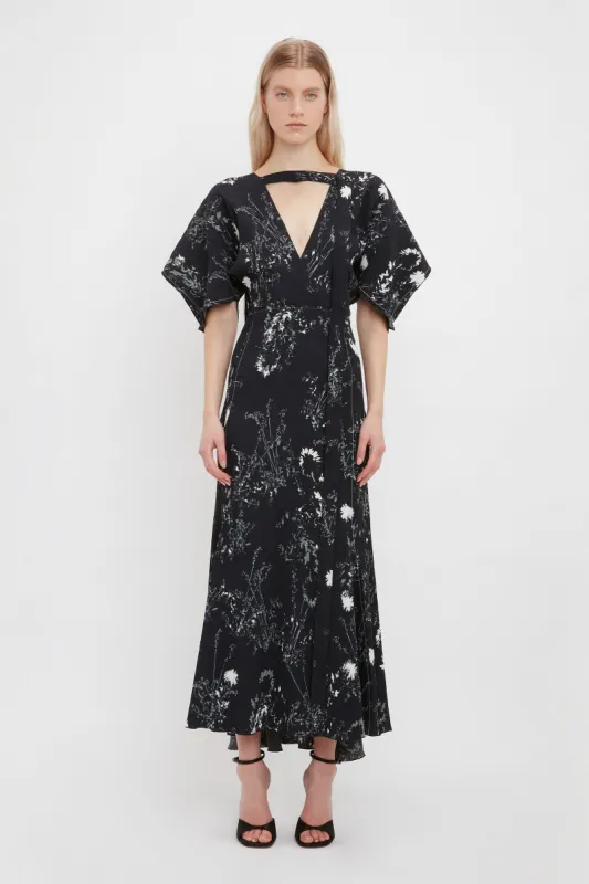 Kimono Sleeve Printed Dress In Black sold by Victoria Beckham