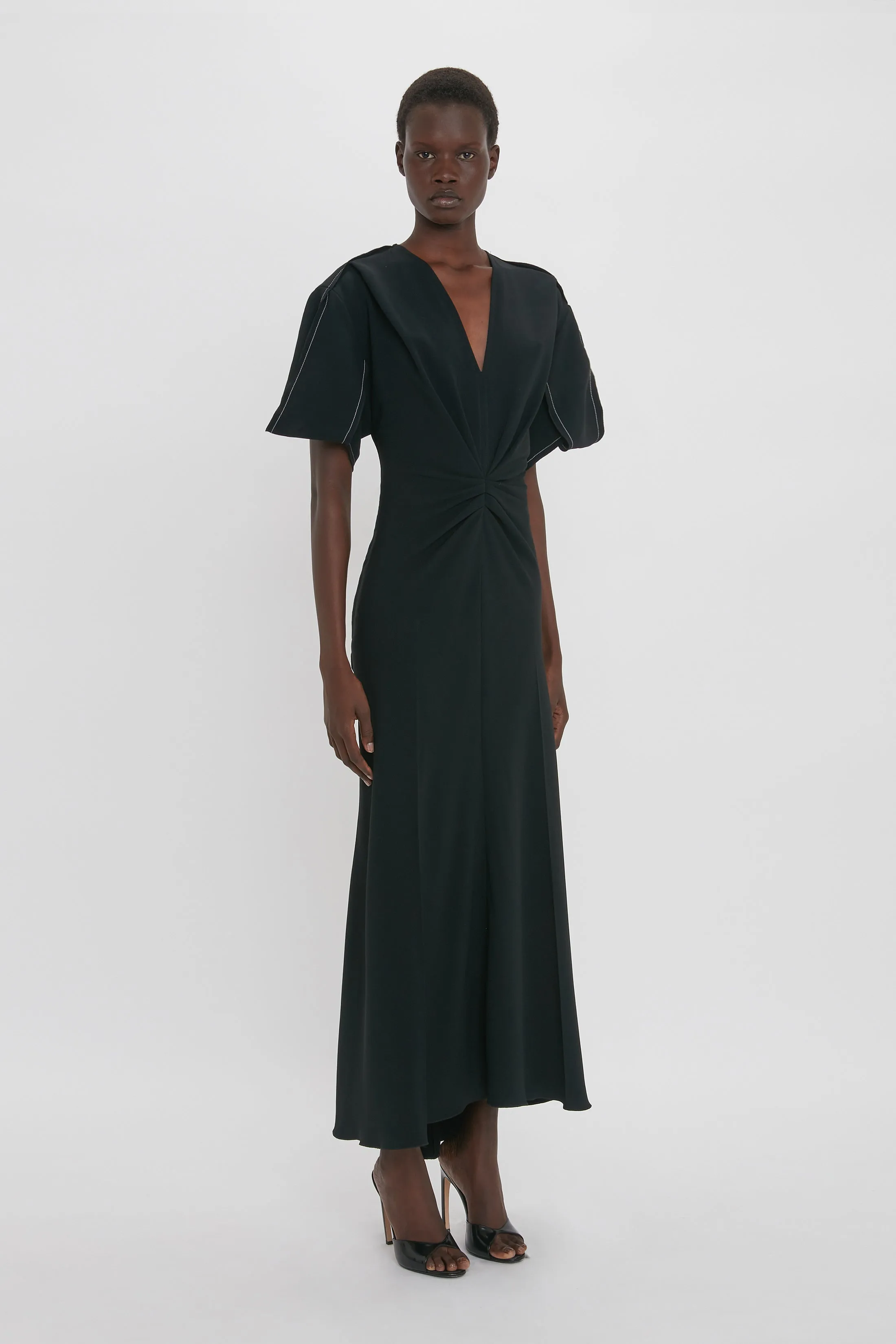 Gathered V-Neck Midi Dress in Black sold by Victoria Beckham product image thumbnail 2