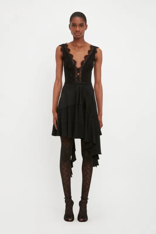 Lace Detail Ruffle Mini Dress In Black sold by Victoria Beckham