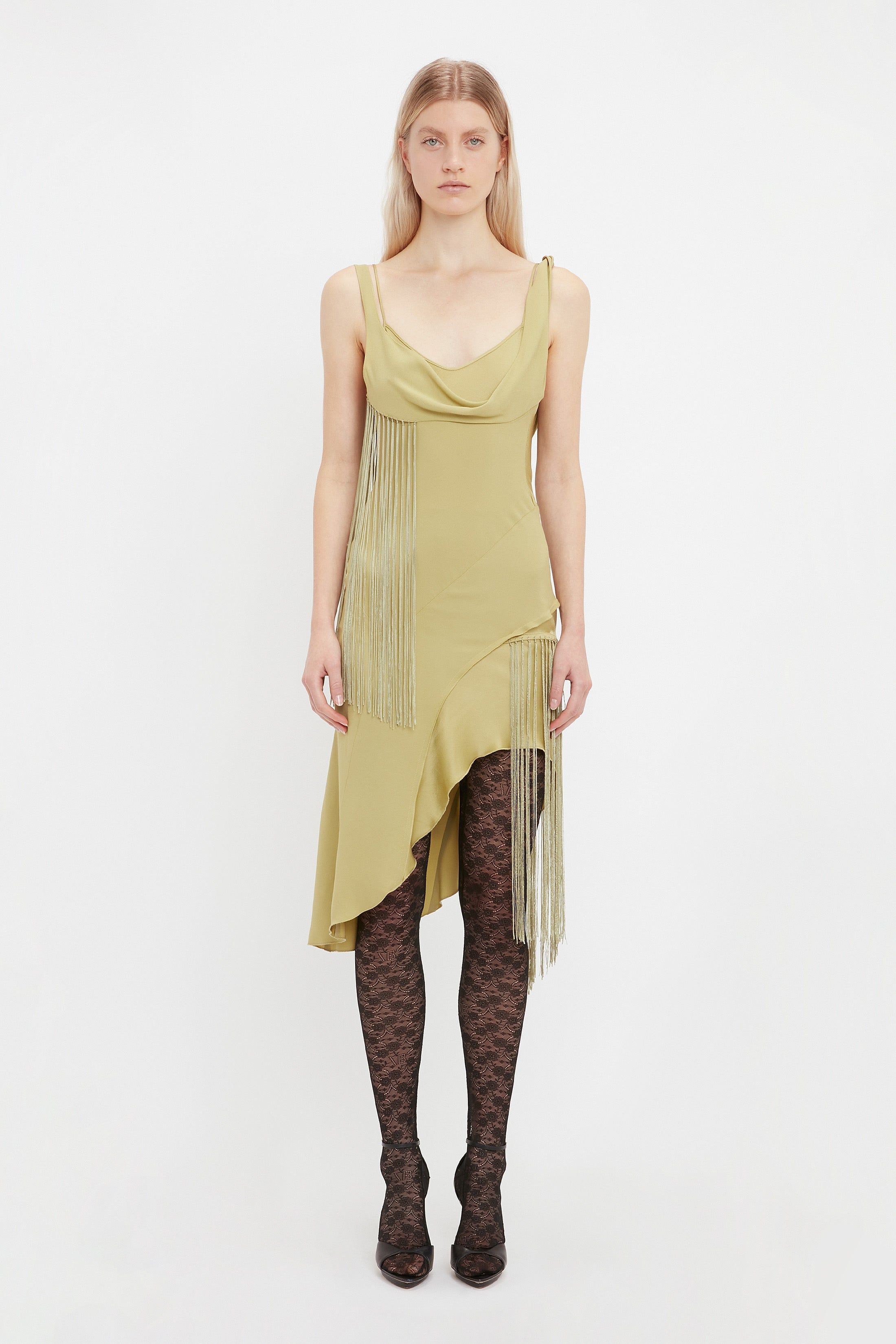 Asymmetric Fringe Mini Dress In Pear Green sold by Victoria Beckham