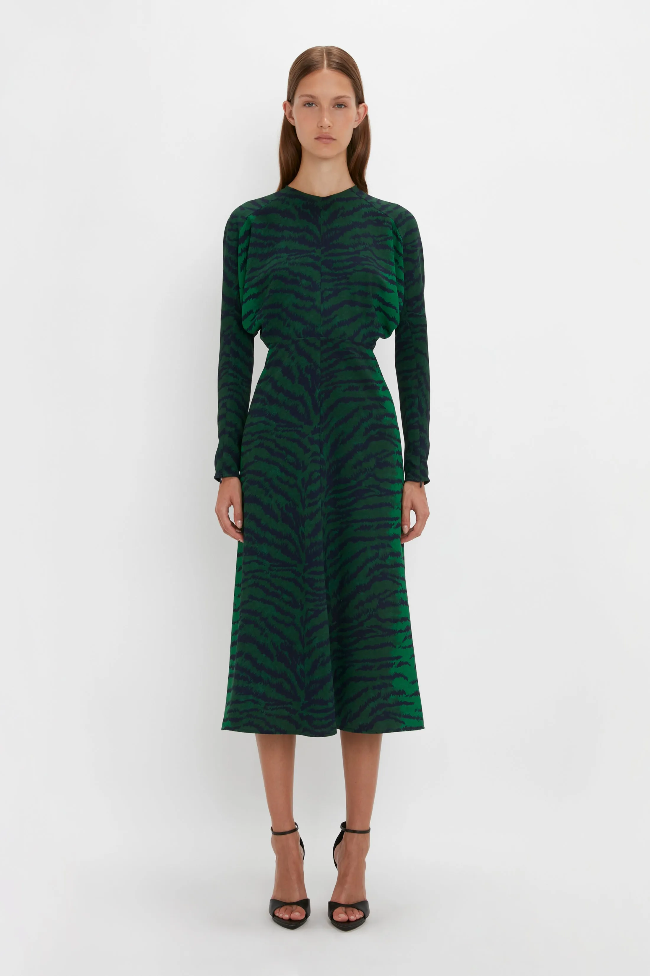 Dolman Midi Dress In Green-Navy Tiger Print sold by Victoria Beckham