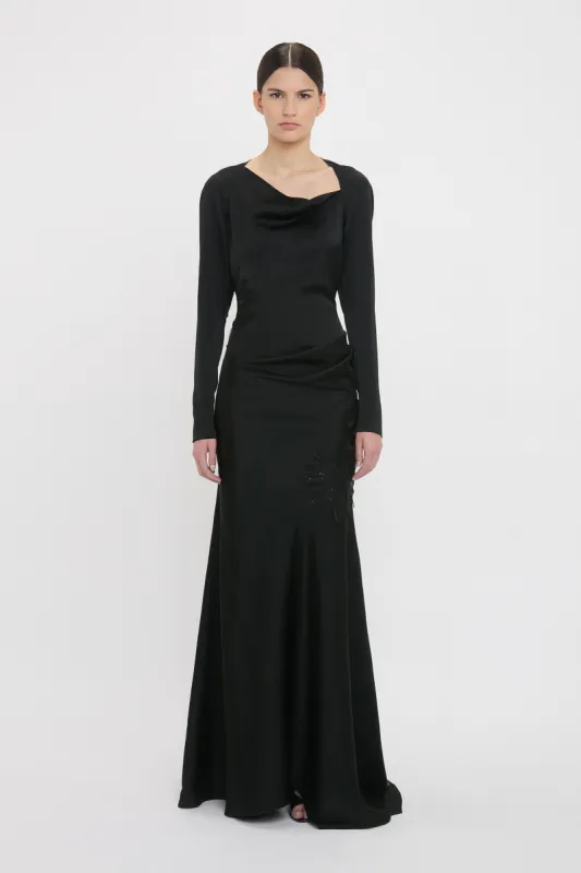 Long Sleeve Lace Applique Floor-Length Gown In Black sold by Victoria Beckham