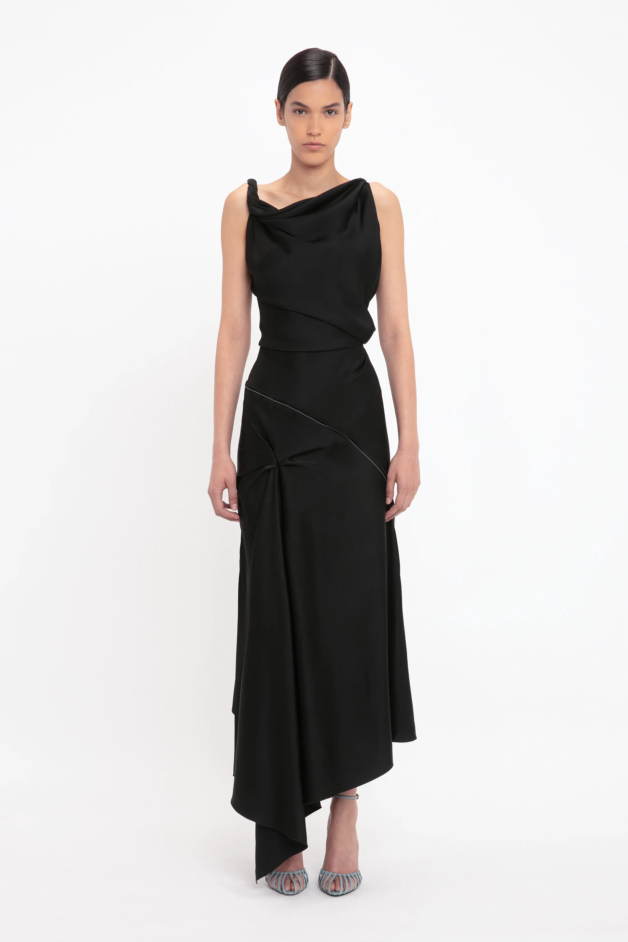 Asymmetric Draped Midi Dress In Black sold by Victoria Beckham