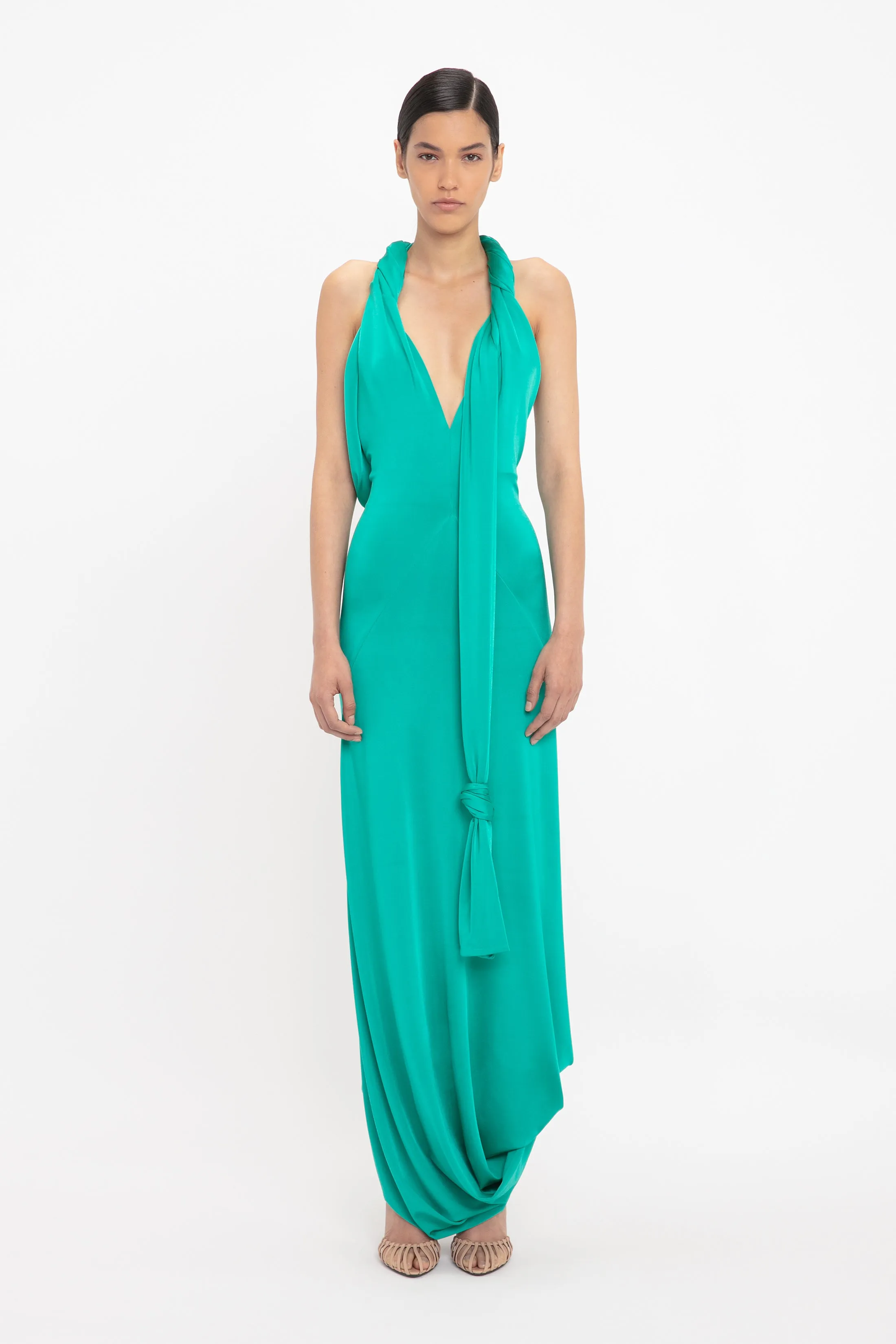 Twisted Halter Strap Jersey Dress In Peacock sold by Victoria Beckham
