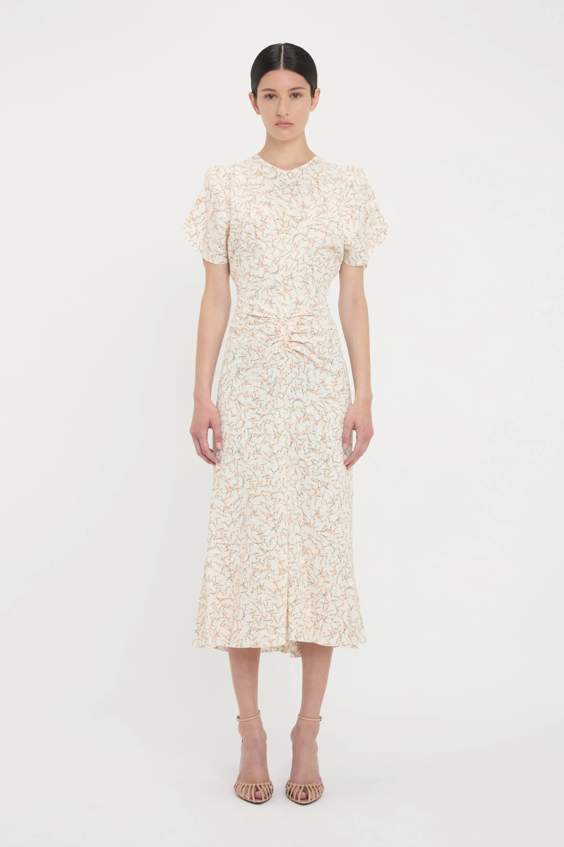 Gathered Waist Midi Dress In Floral Ovation Peach sold by Victoria Beckham