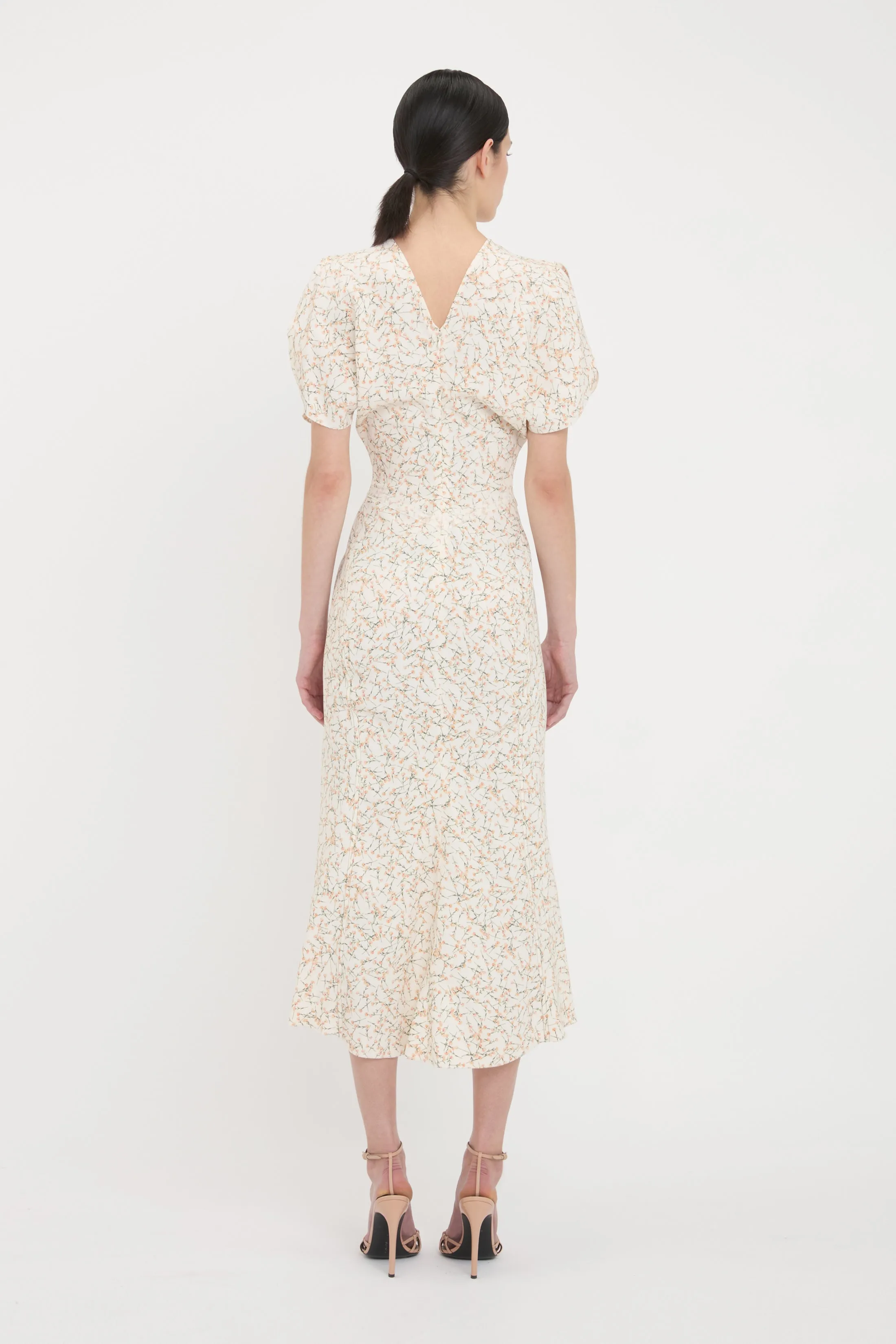 Gathered Waist Midi Dress In Floral Ovation Peach sold by Victoria Beckham product image thumbnail 3