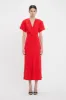 Gathered V-Neck Midi Dress In Tomato sold by Victoria Beckham