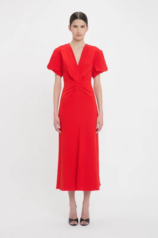 Gathered V-Neck Midi Dress In Tomato sold by Victoria Beckham