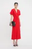 Gathered V-Neck Midi Dress In Tomato sold by Victoria Beckham