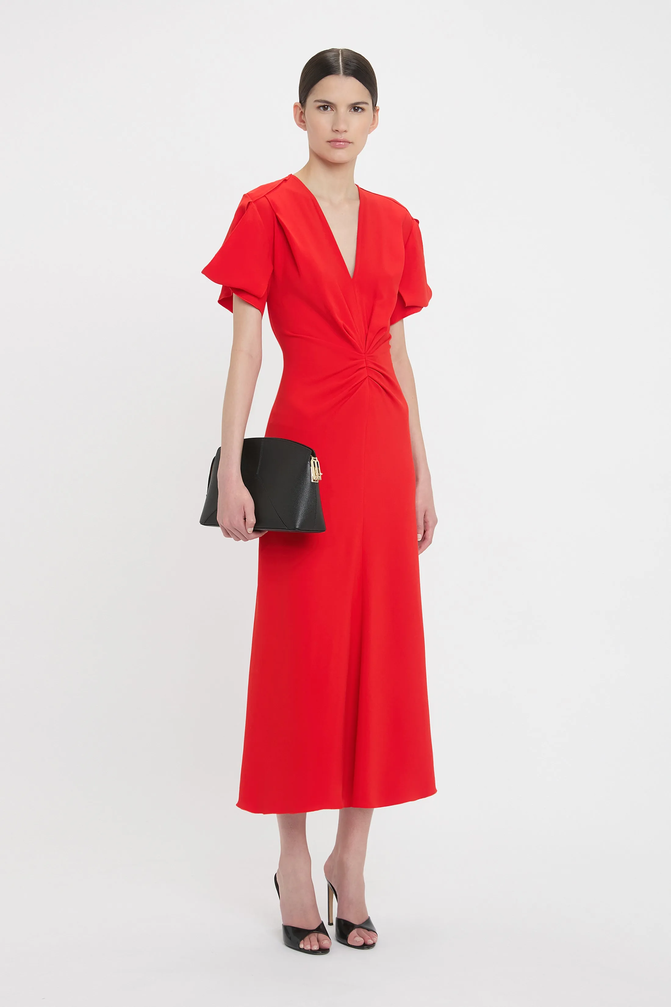 Gathered V-Neck Midi Dress In Tomato sold by Victoria Beckham product image thumbnail 2