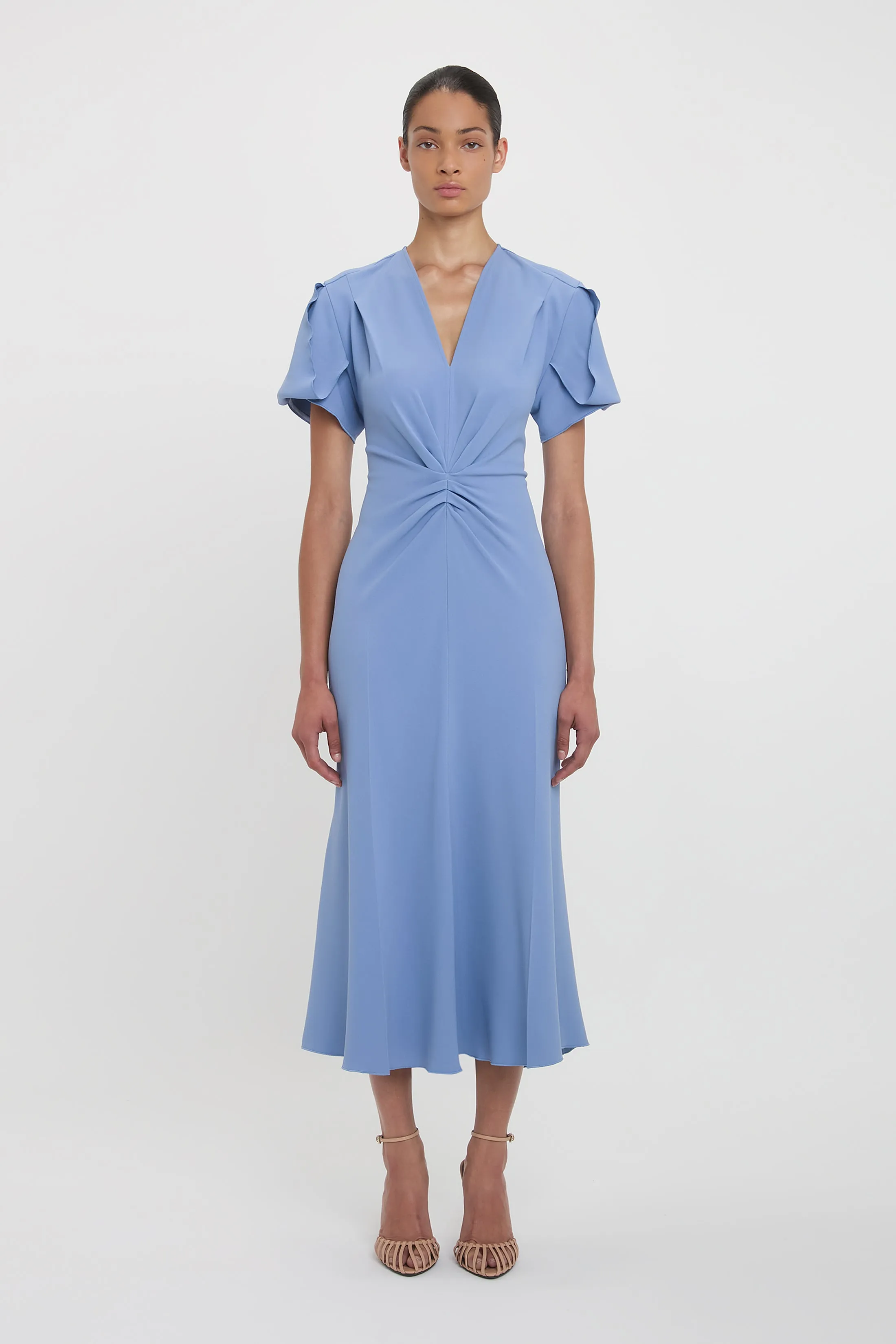 Gathered V-Neck Midi Dress In Bluebell sold by Victoria Beckham