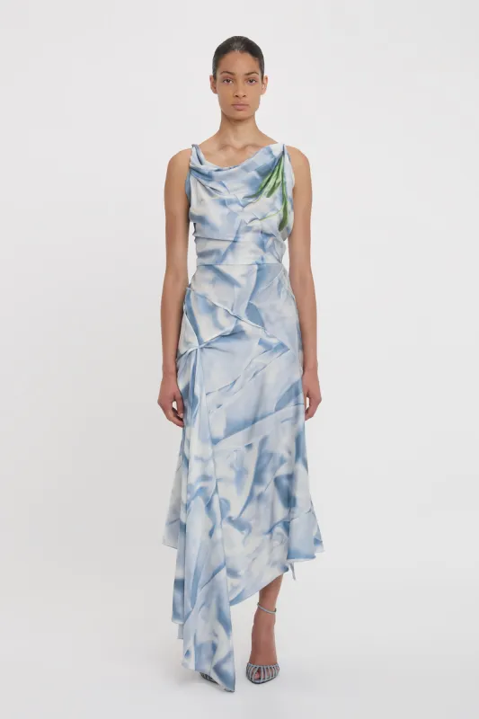 Asymmetric Draped Midi Dress In Ice Blue Satin Flowers sold by Victoria Beckham