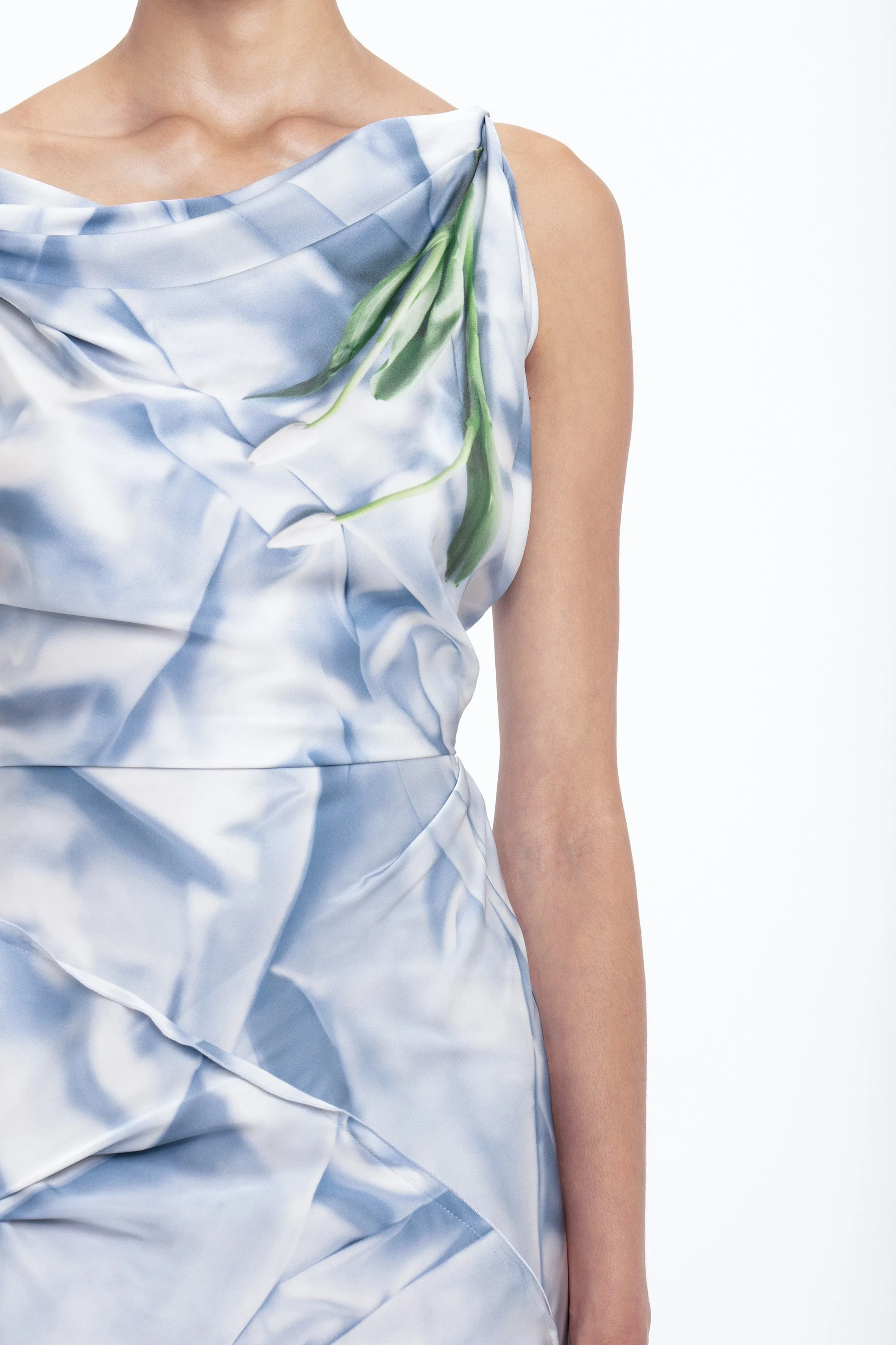 Asymmetric Draped Midi Dress In Ice Blue Satin Flowers sold by Victoria Beckham product image thumbnail 4