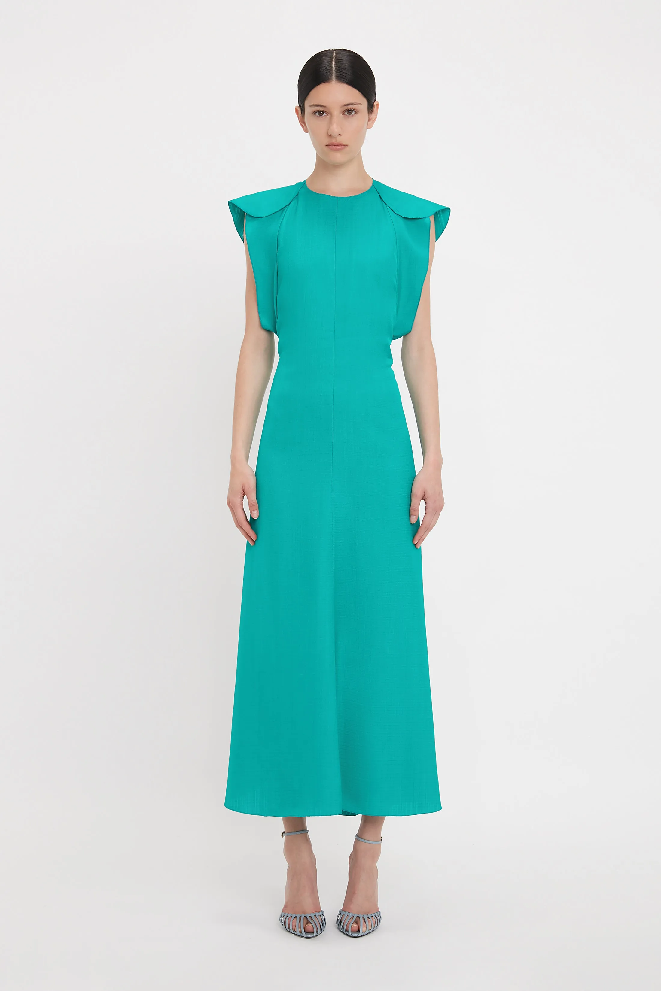 Folded Cap Sleeve Midi Dress In Peacock sold by Victoria Beckham