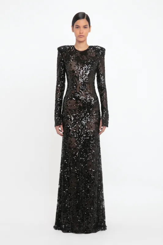 Long Sleeve Backless Sequin Gown In Black sold by Victoria Beckham