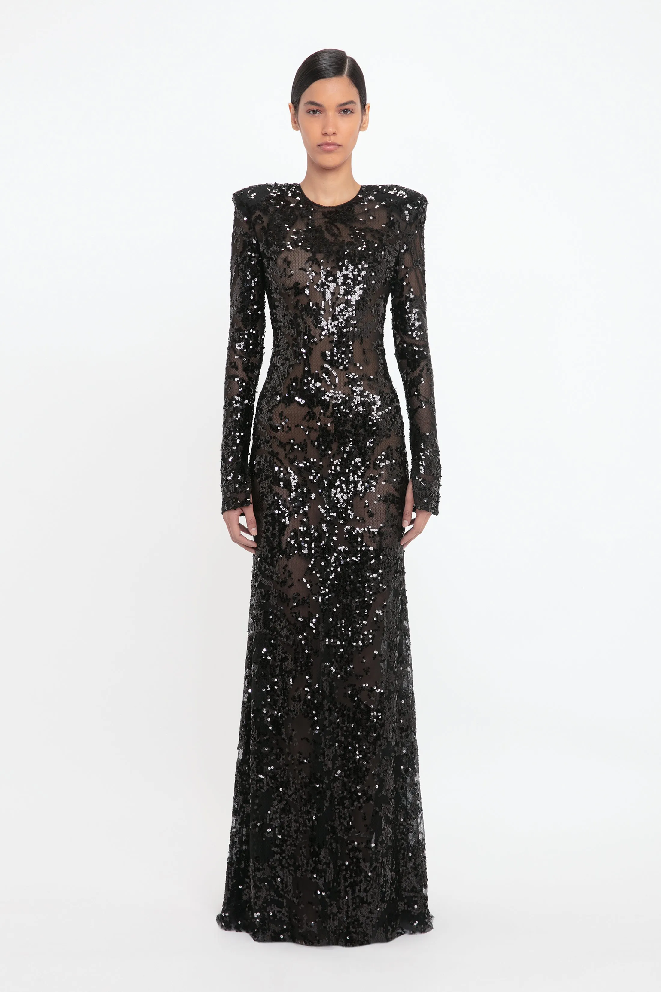 Long Sleeve Backless Sequin Gown In Black sold by Victoria Beckham
