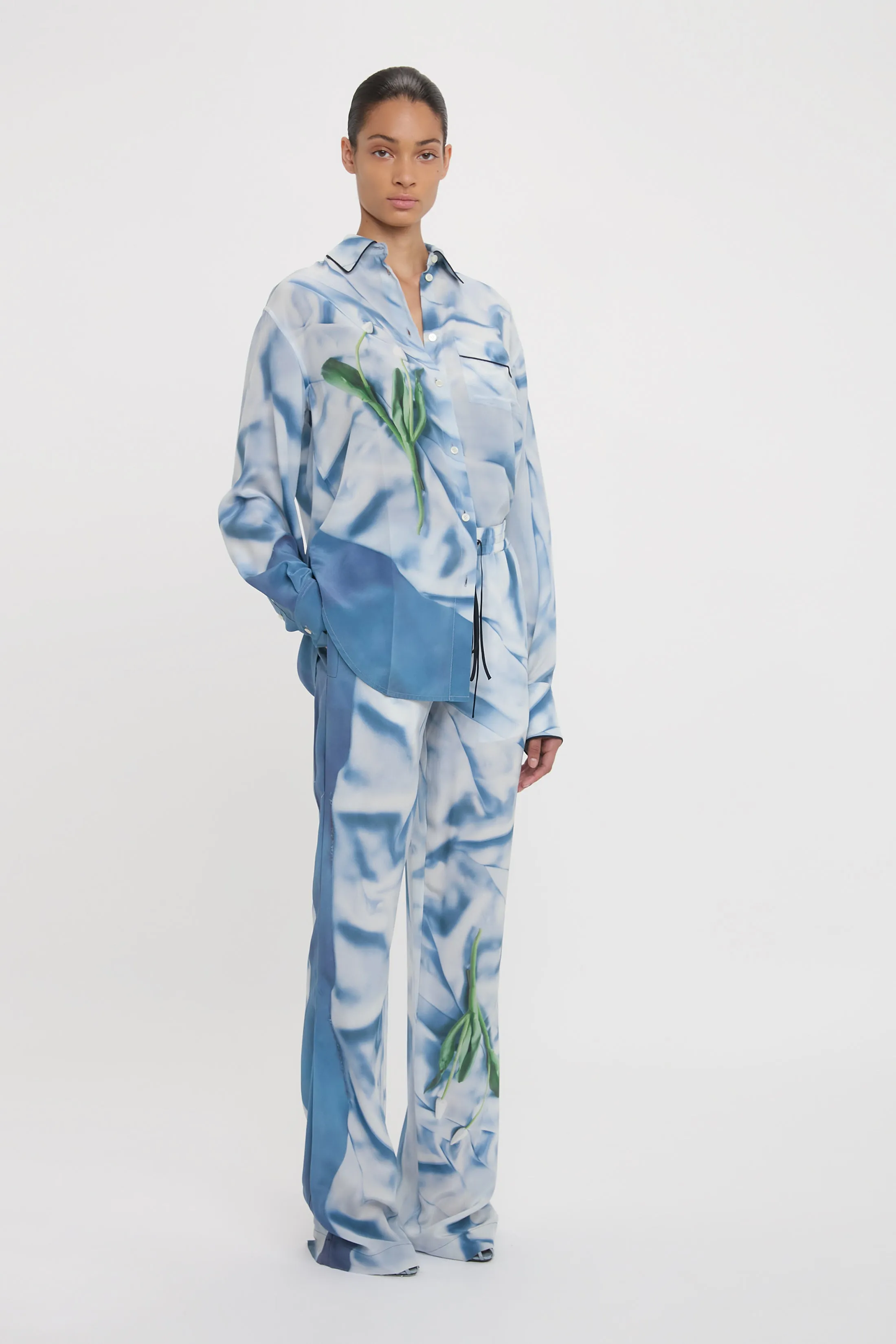 Pleat Detail Pyjama Trouser In Ice Blue Satin Flowers sold by Victoria Beckham product image thumbnail 2