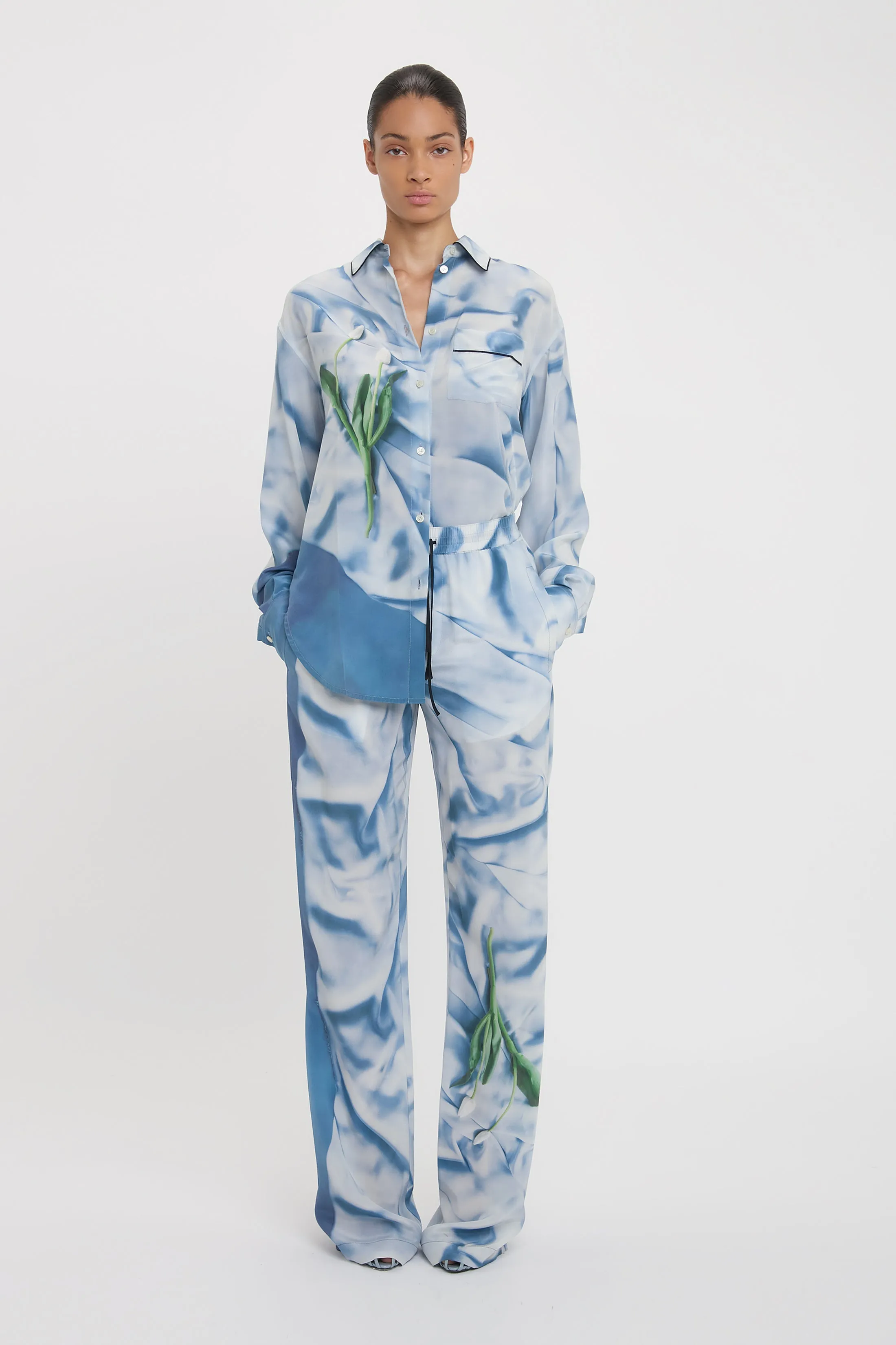 Pleat Detail Pyjama Trouser In Ice Blue Satin Flowers sold by Victoria Beckham