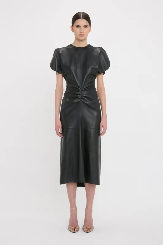 Leather Gathered Waist Midi Dress In Black sold by Victoria Beckham