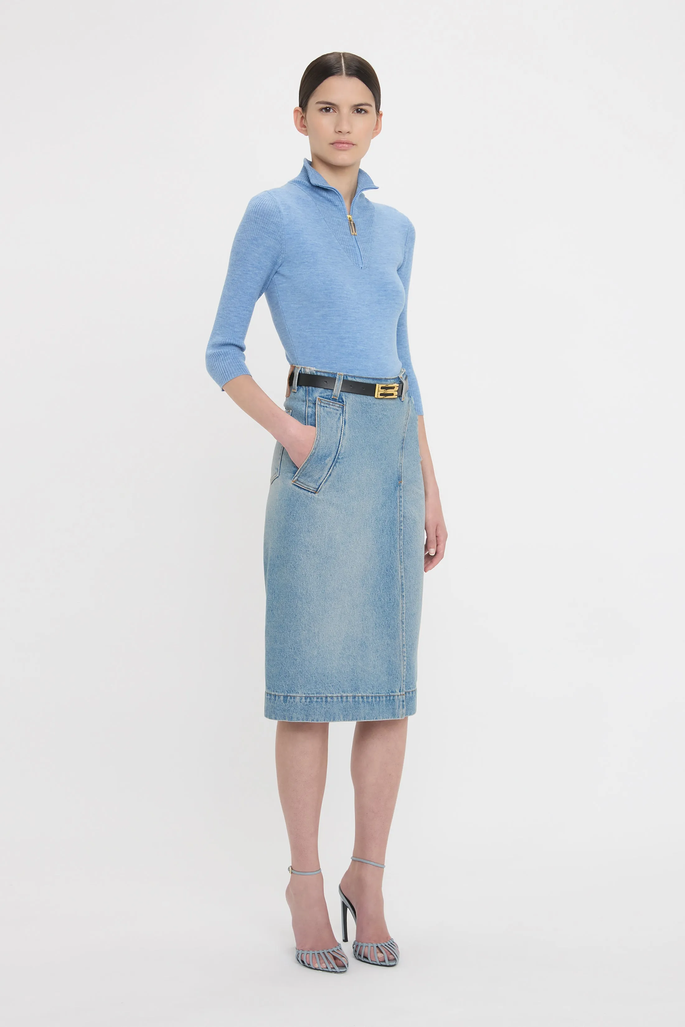 Denim Wrap Detail Skirt In Pale Blue Wash sold by Victoria Beckham product image thumbnail 2