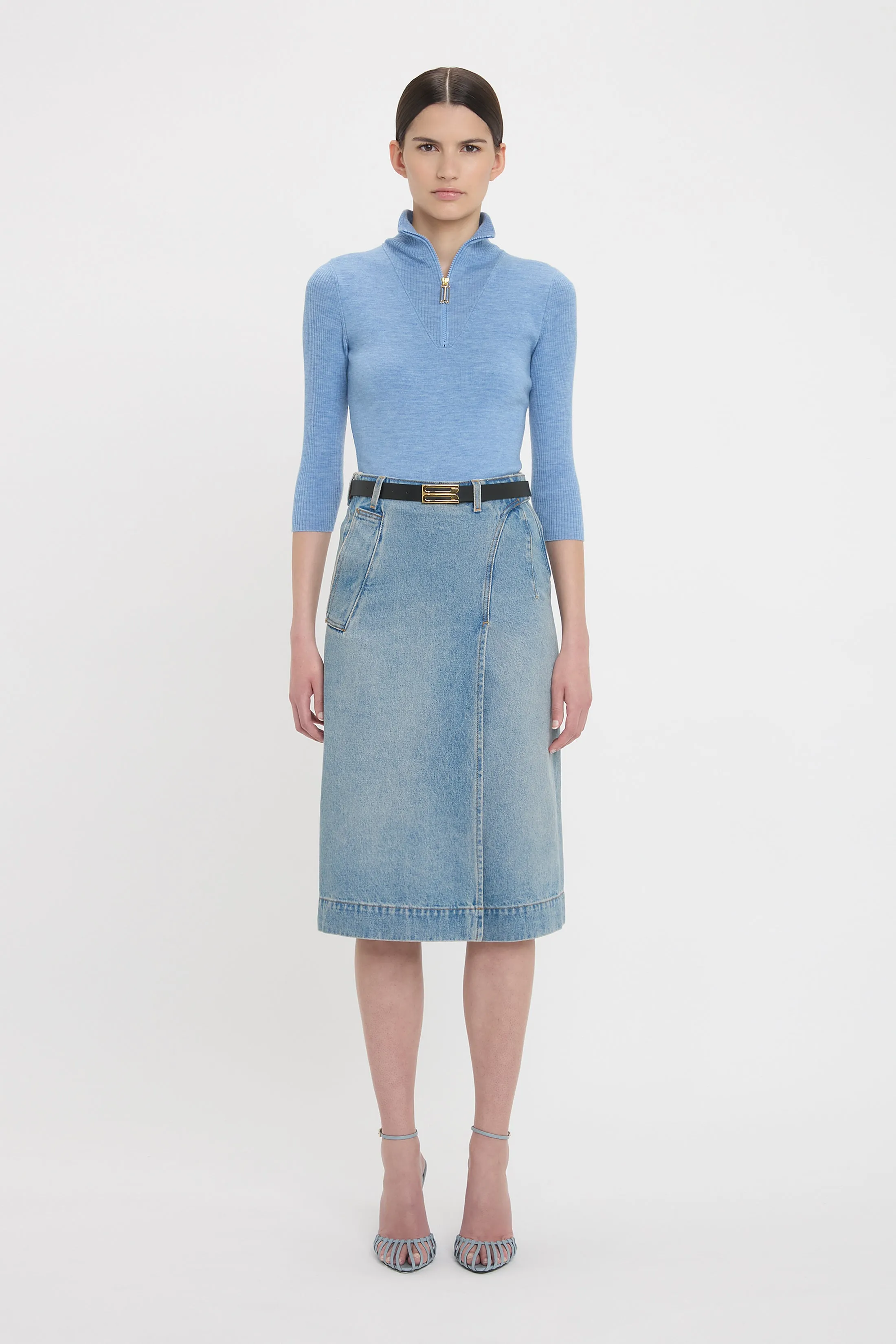 Denim Wrap Detail Skirt In Pale Blue Wash sold by Victoria Beckham