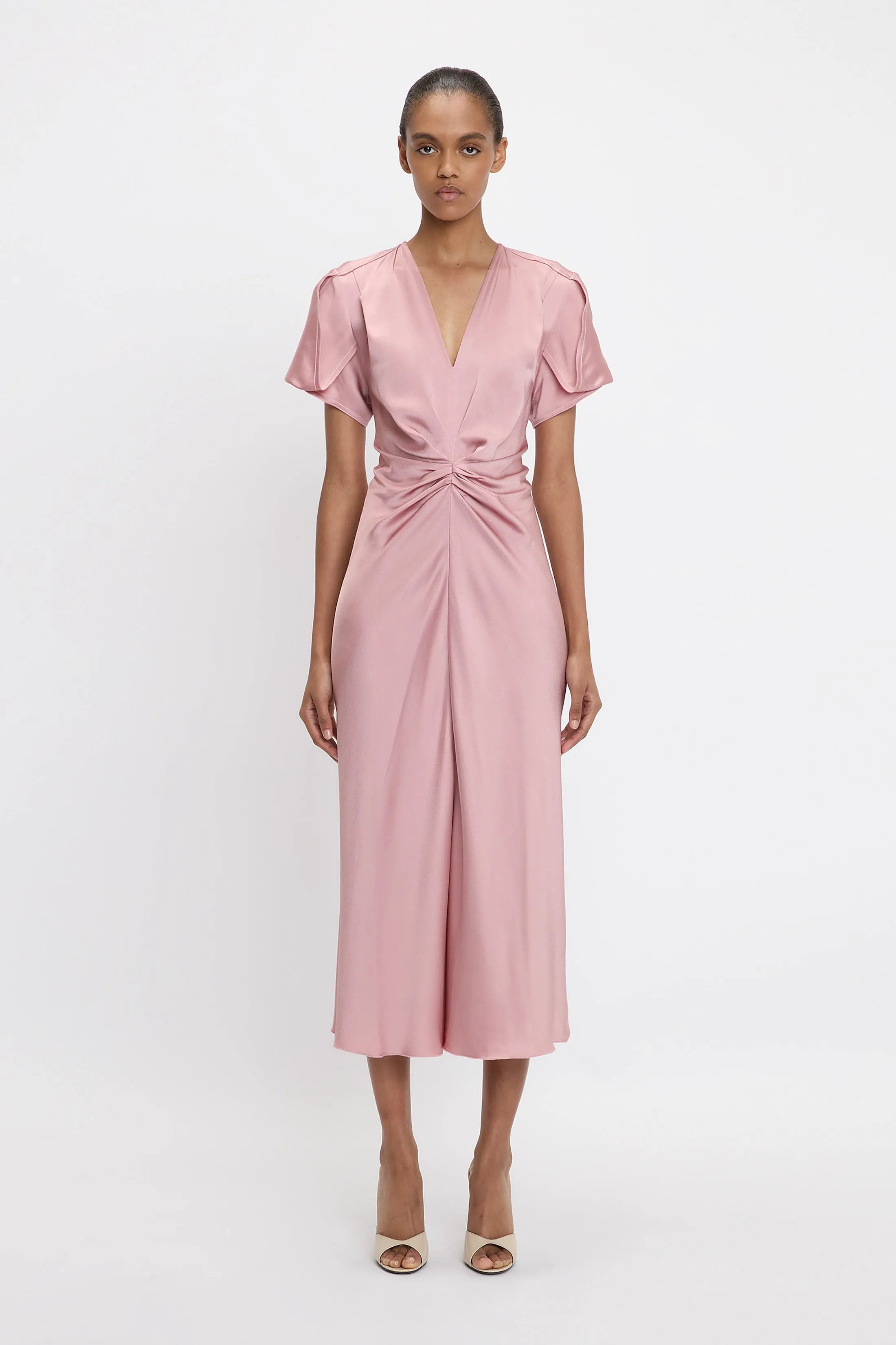 Gathered V-Neck Midi Dress In Peony sold by Victoria Beckham