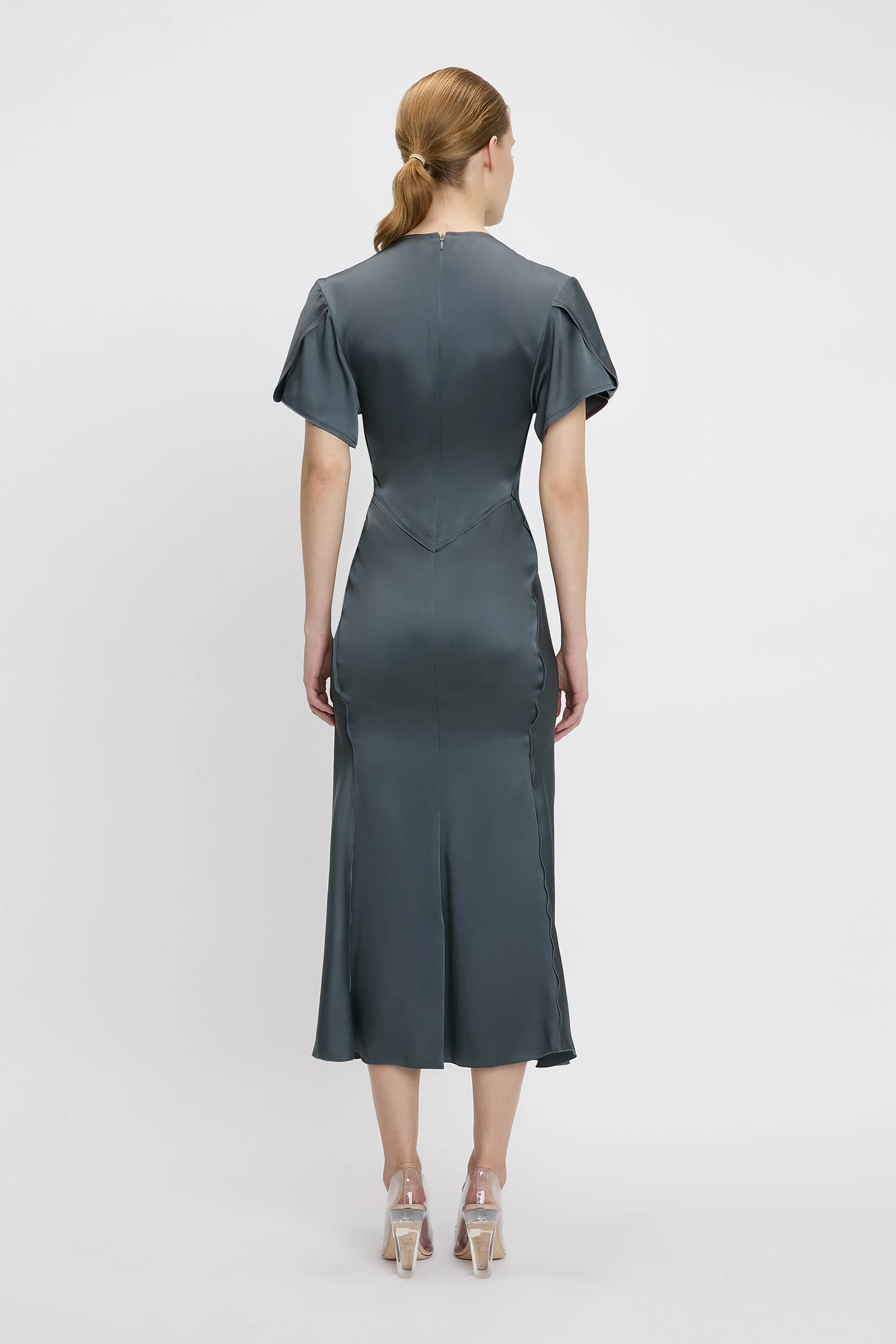 Gathered V-Neck Midi Dress In Graphite sold by Victoria Beckham product image thumbnail 3