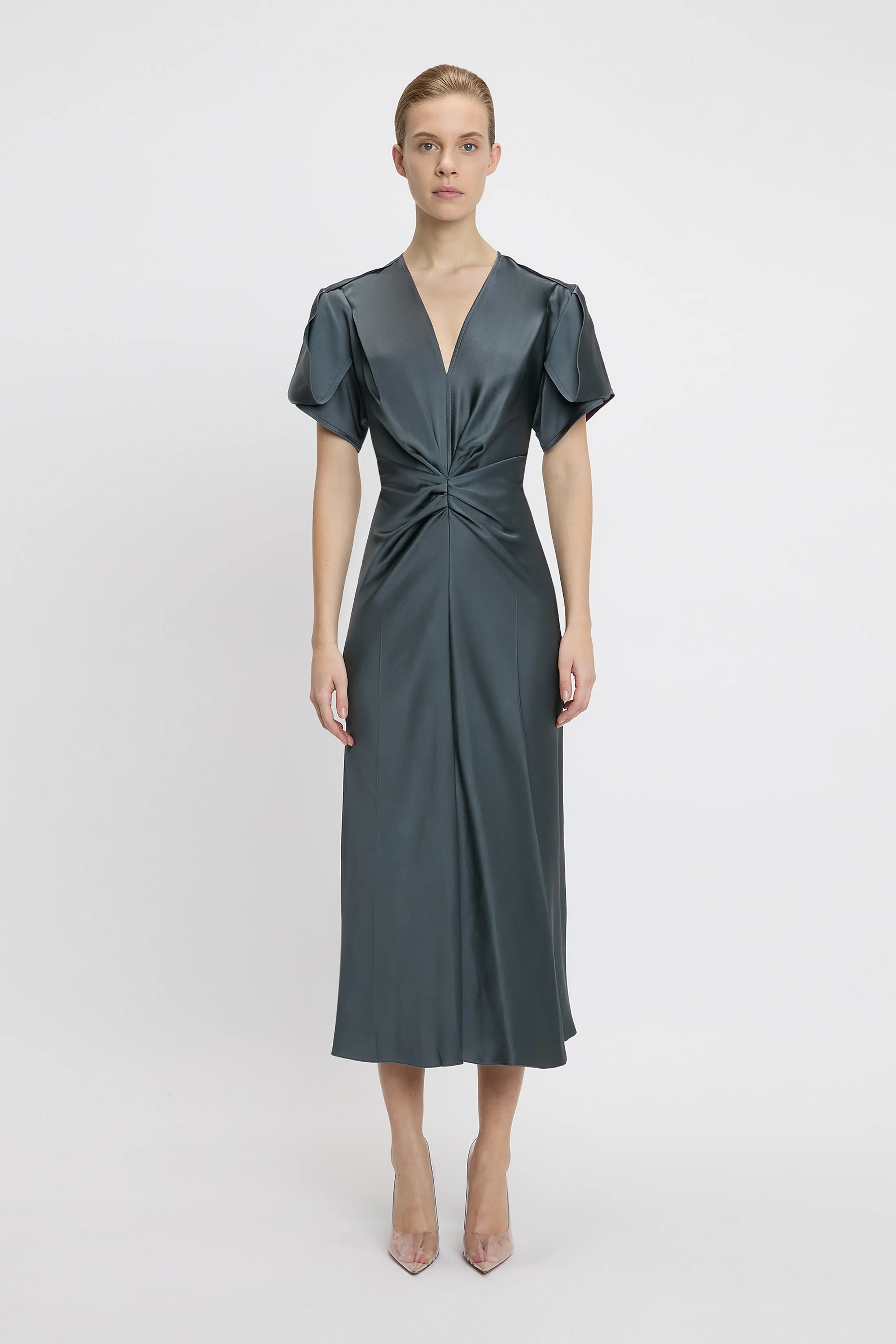 Gathered V-Neck Midi Dress In Graphite sold by Victoria Beckham