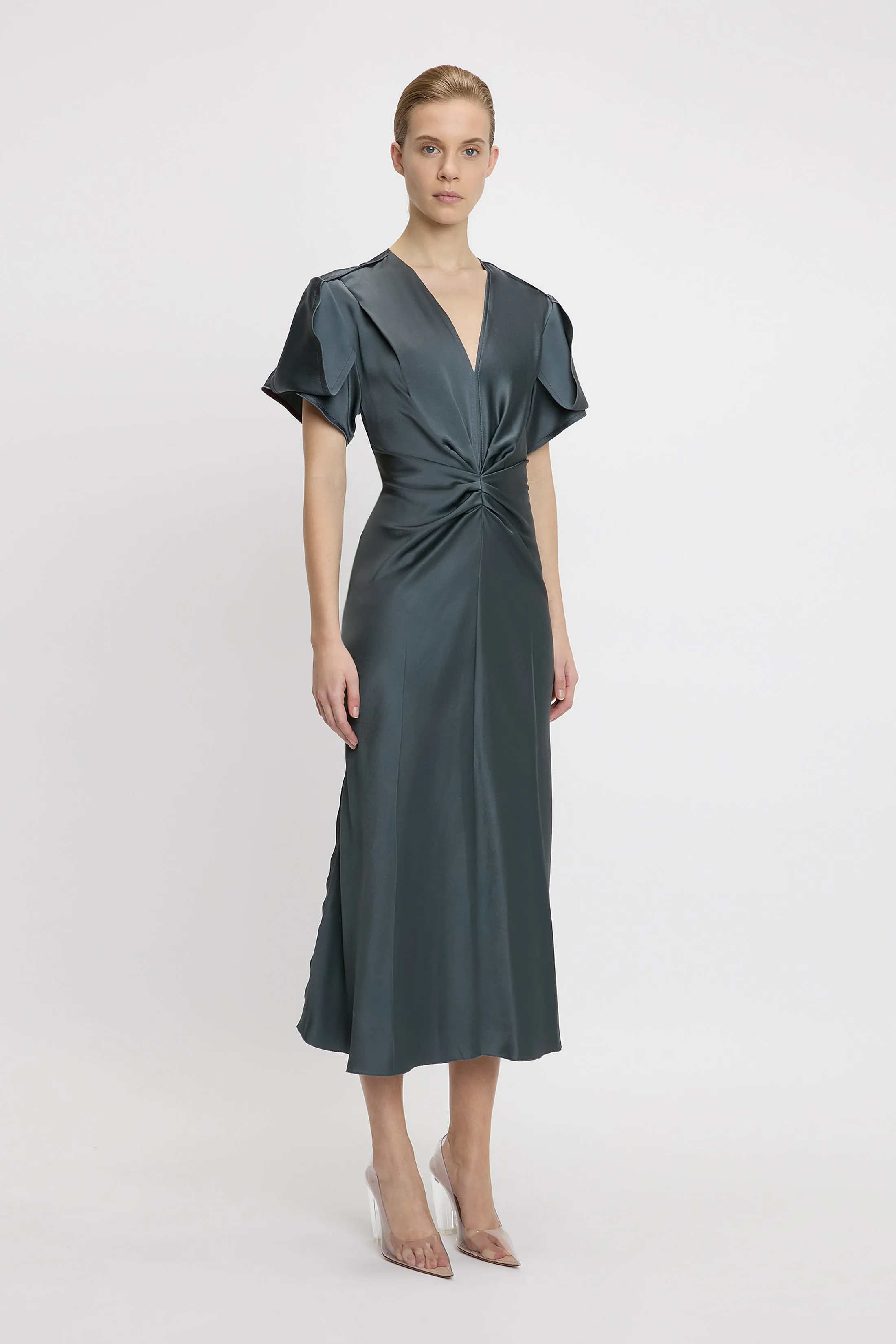 Gathered V-Neck Midi Dress In Graphite sold by Victoria Beckham product image thumbnail 2