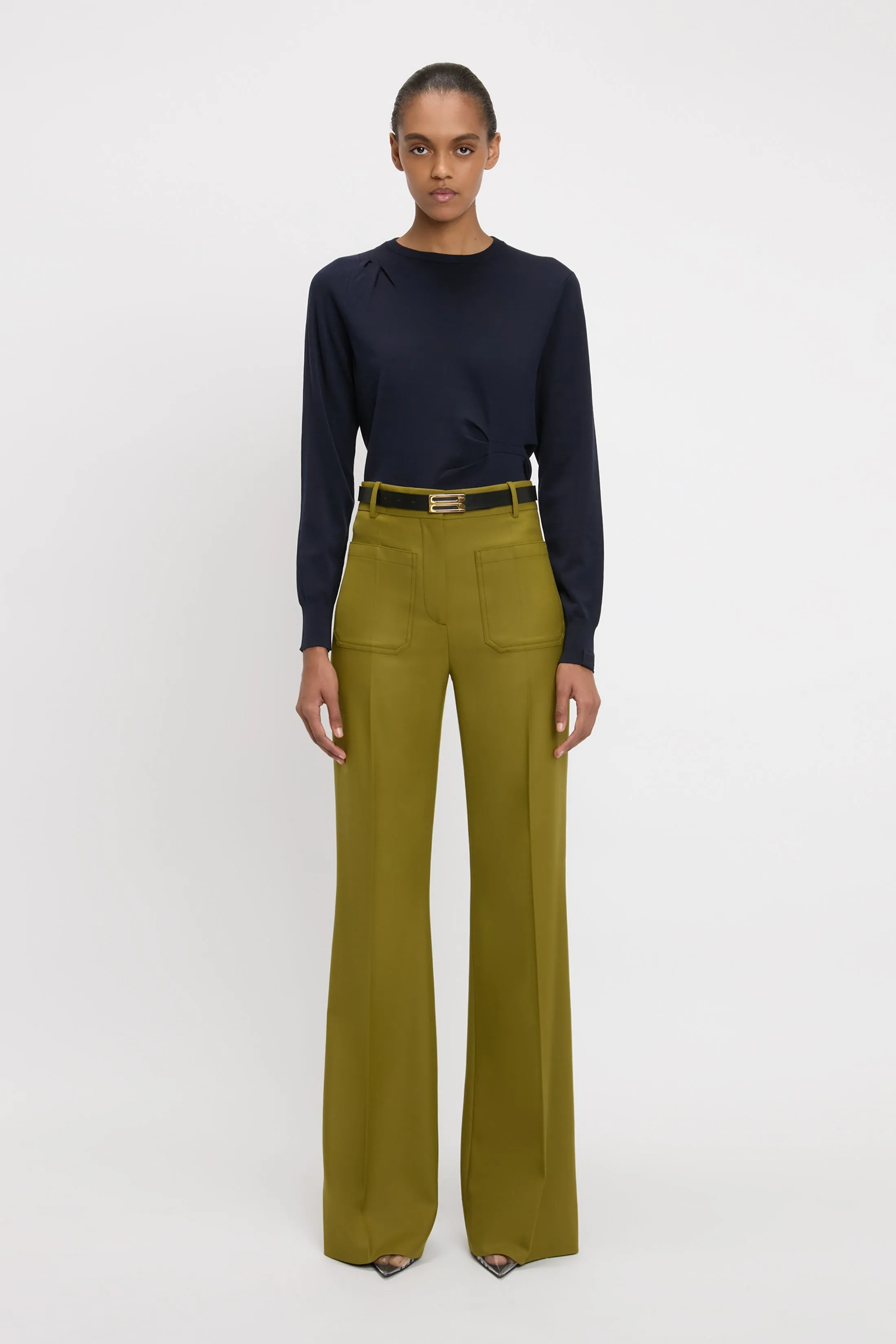 Draped Pleat Detail Crew Neck Top In Navy sold by Victoria Beckham