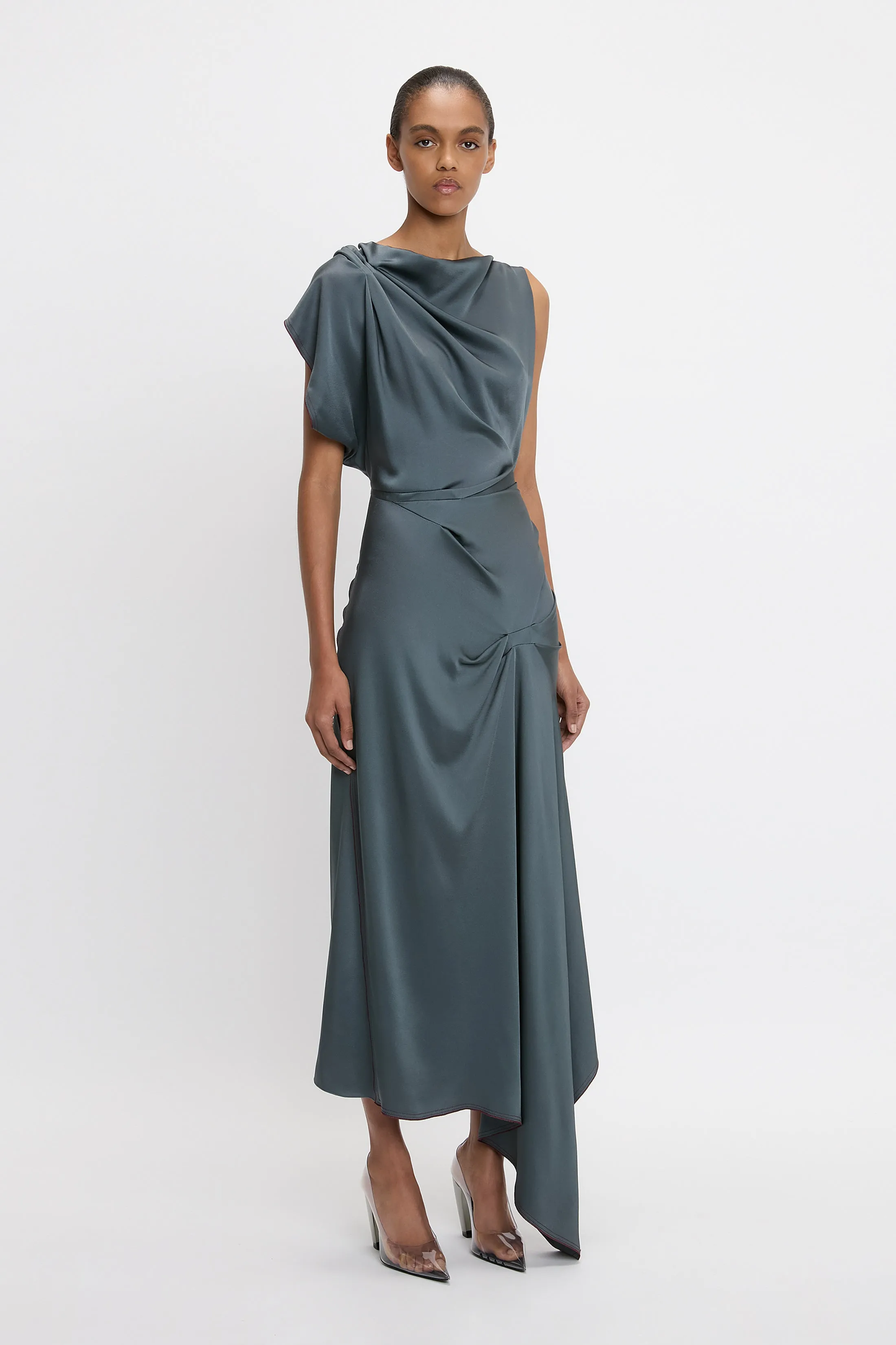 Asymmetric Draped Detail Midi Dress In Graphite sold by Victoria Beckham product image thumbnail 2