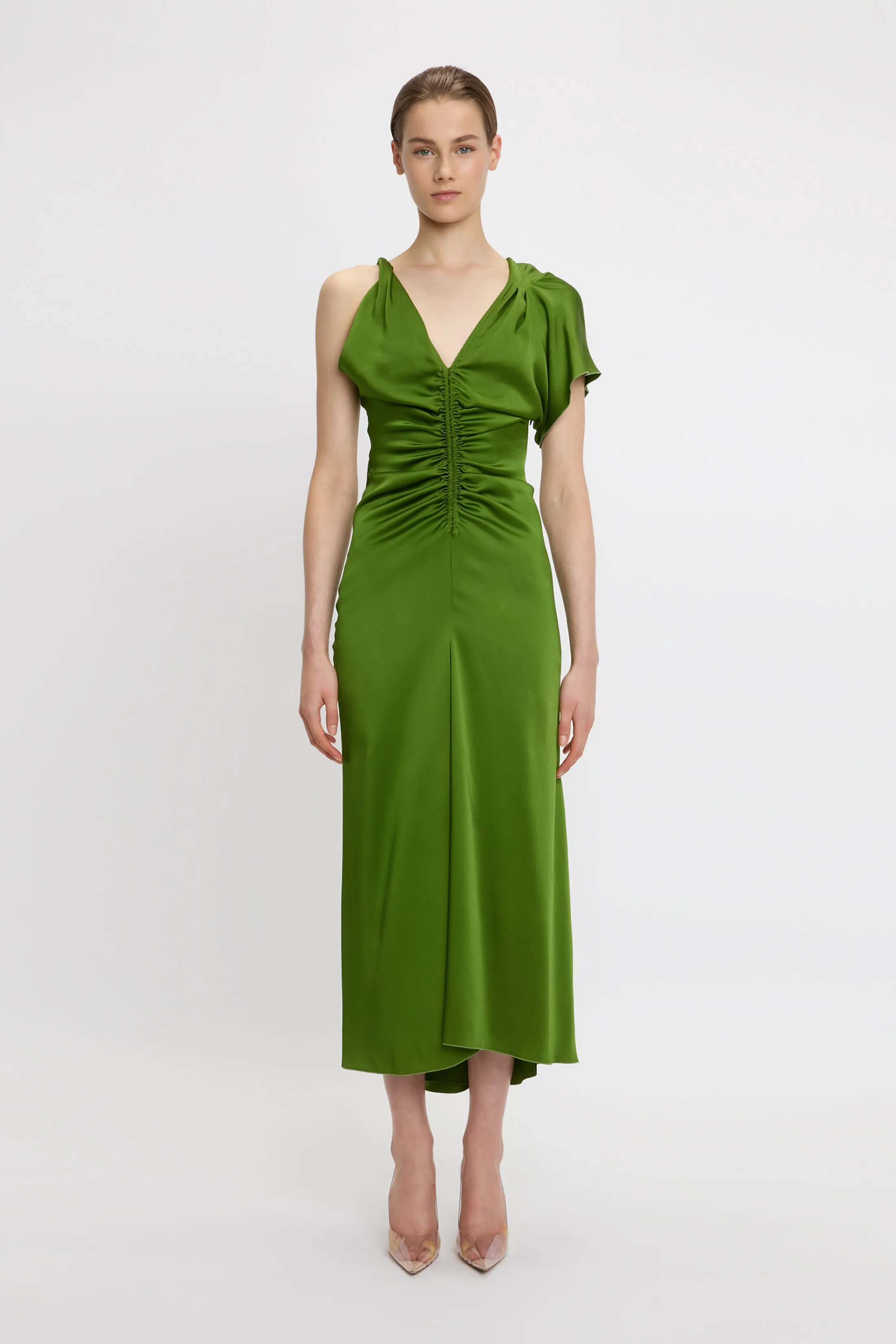Asymmetric Ruched Detail Midi Dress In Algae sold by Victoria Beckham