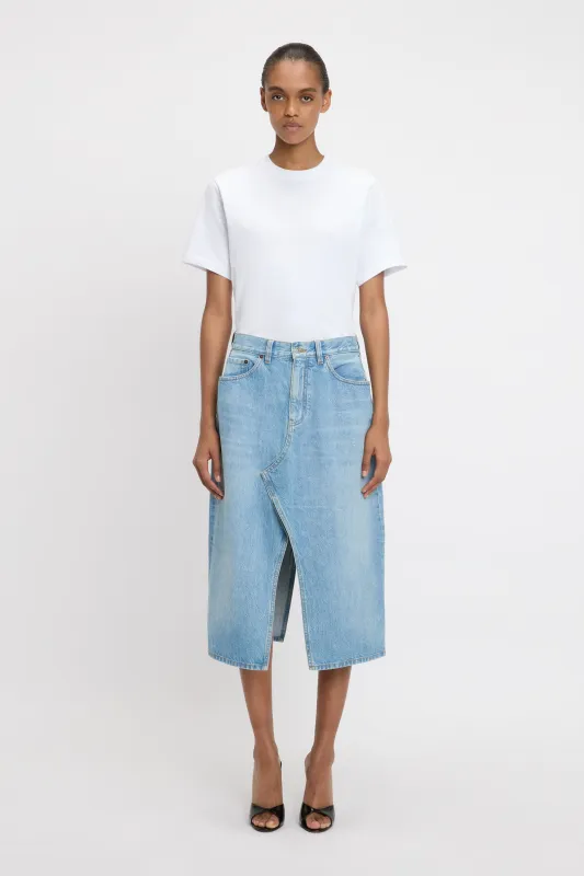 Kick Pocket Denim Skirt In Light Blue Wash sold by Victoria Beckham