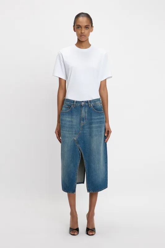 Kick Pocket Denim Skirt In Mid Blue sold by Victoria Beckham