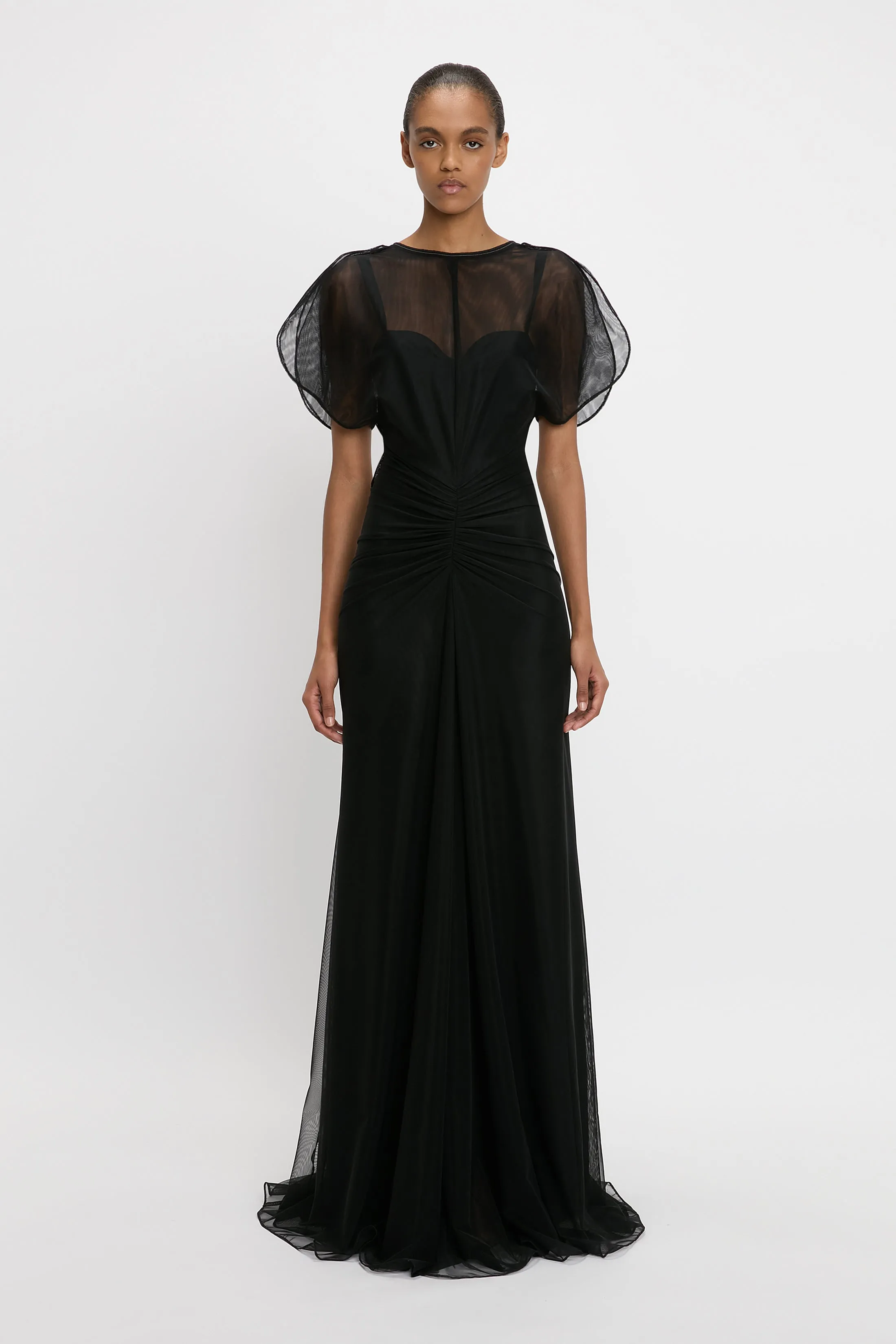 Sheer Gathered Waist Floor-Length Dress In Black sold by Victoria Beckham