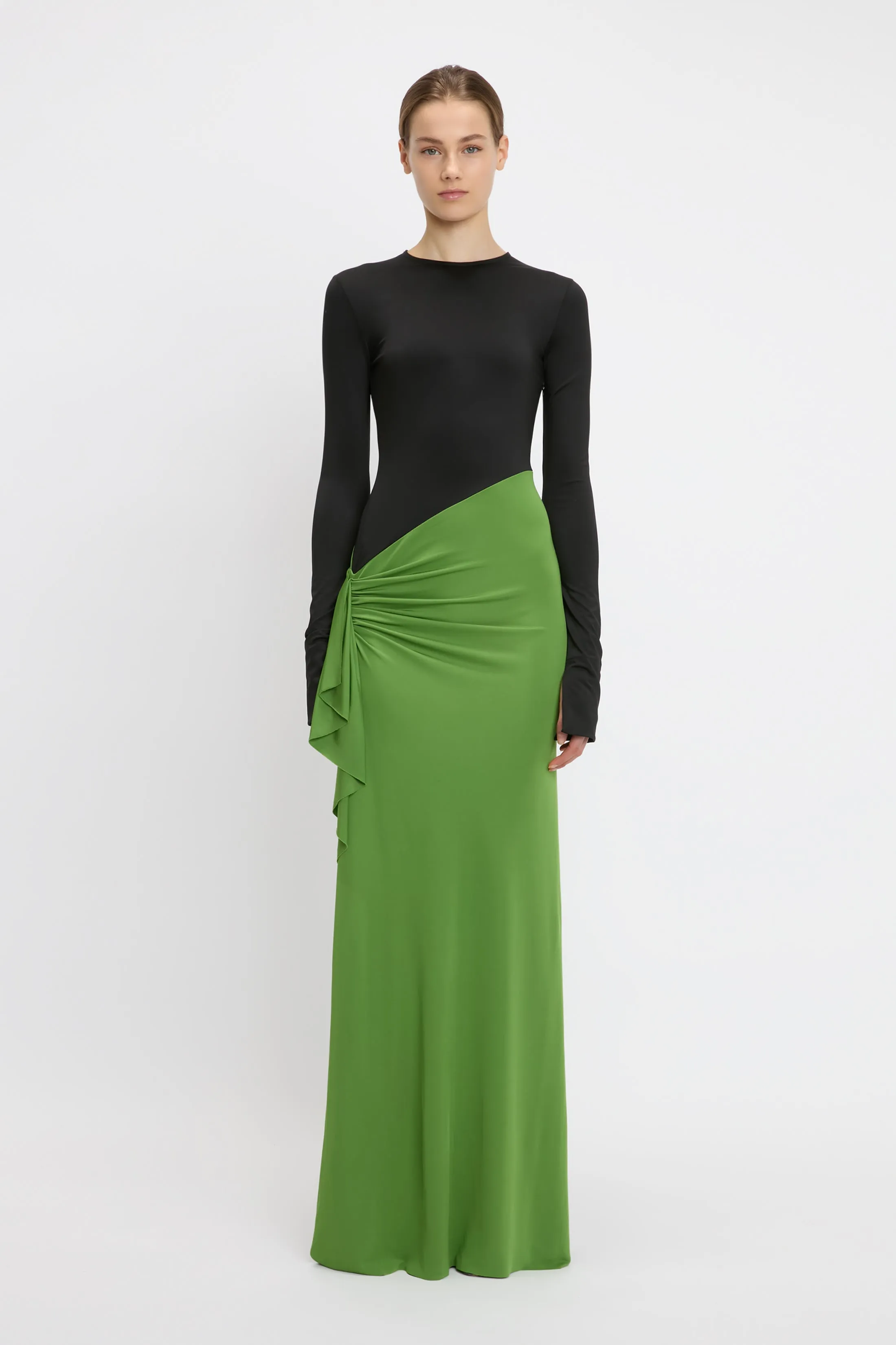 Long Sleeve Ruched Detail Gown In Black-Algae sold by Victoria Beckham
